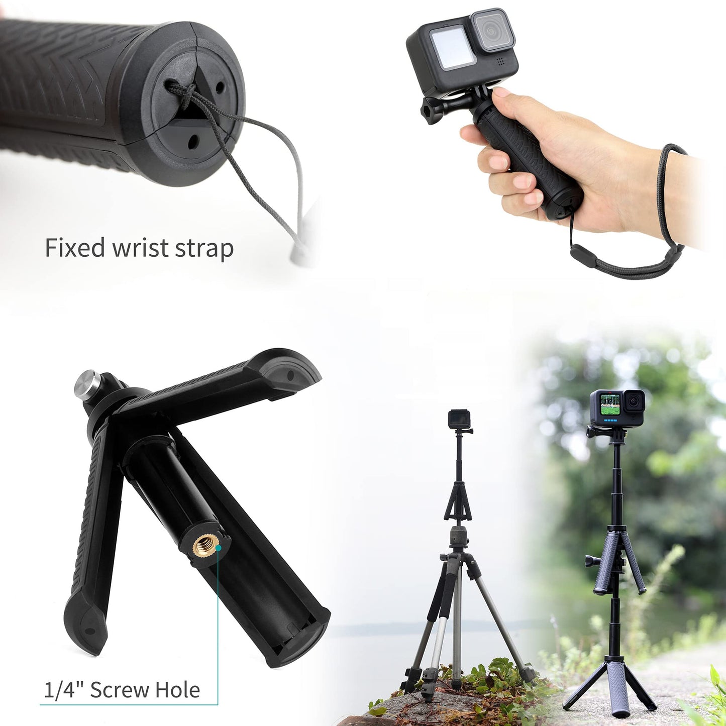 GEPULY Mini Hand Grip Selfie Stick Tripod Stand for GoPro Hero 13 12 11 10 9 8 7 6 5 4 3,Session, Fusion, Max,Insta360, DJI, Akaso, Phone-Use it as a