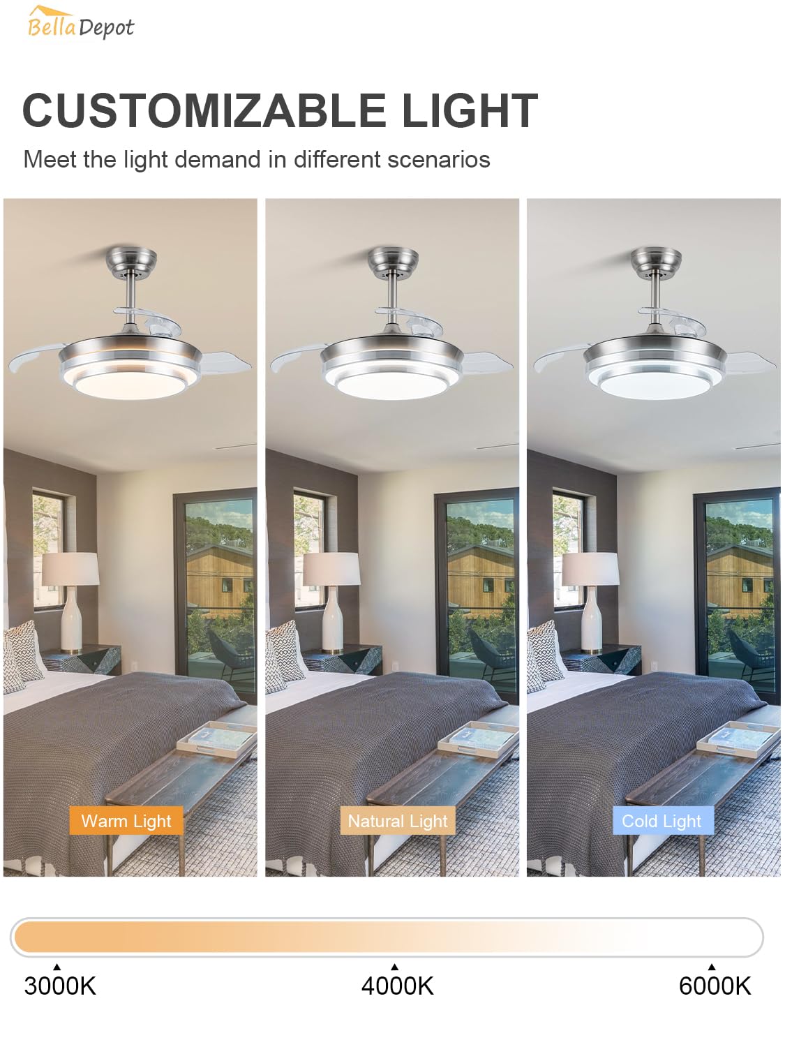 Bella Depot Retractable Ceiling Fan with Lights and Remote with 3 Color Change, Timing Options, Silent Noiseless for Dining Room Bedroom Kitchen