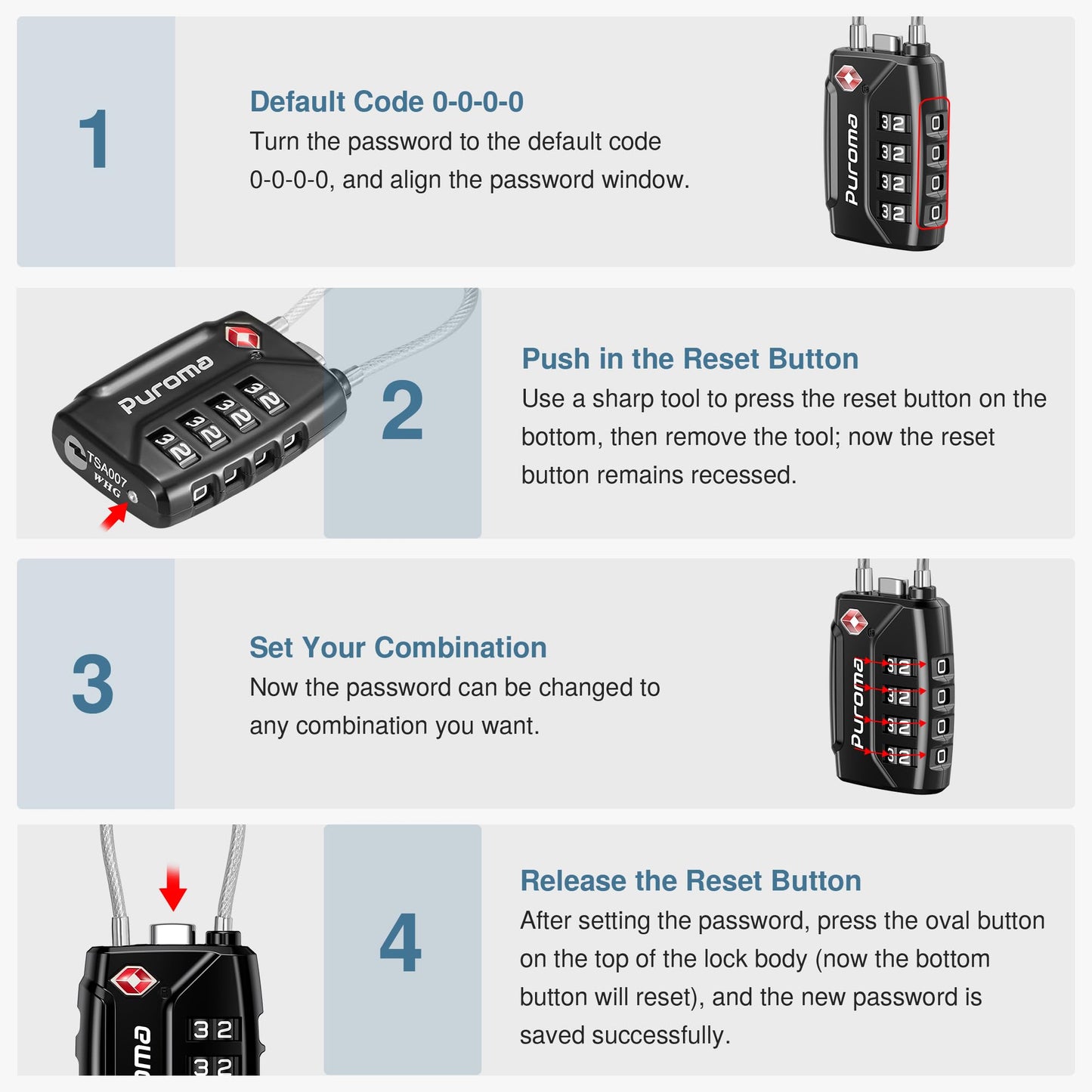 Puroma 2 Pack TSA Luggage Locks – 4-Digit Combination, Resettable Code Lock for Suitcases, Backpacks, Gym & Travel Bags