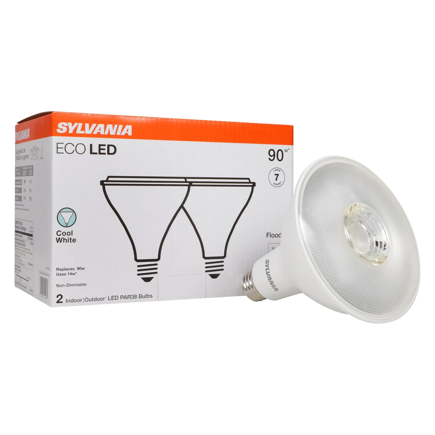 Sylvania ECO LED PAR38 Light Bulb, 90W = 14W, 7 Year, Non-Dimmable, 1000 Lumens, Clear, 4000K, Cool White - 2 Pack (41106)