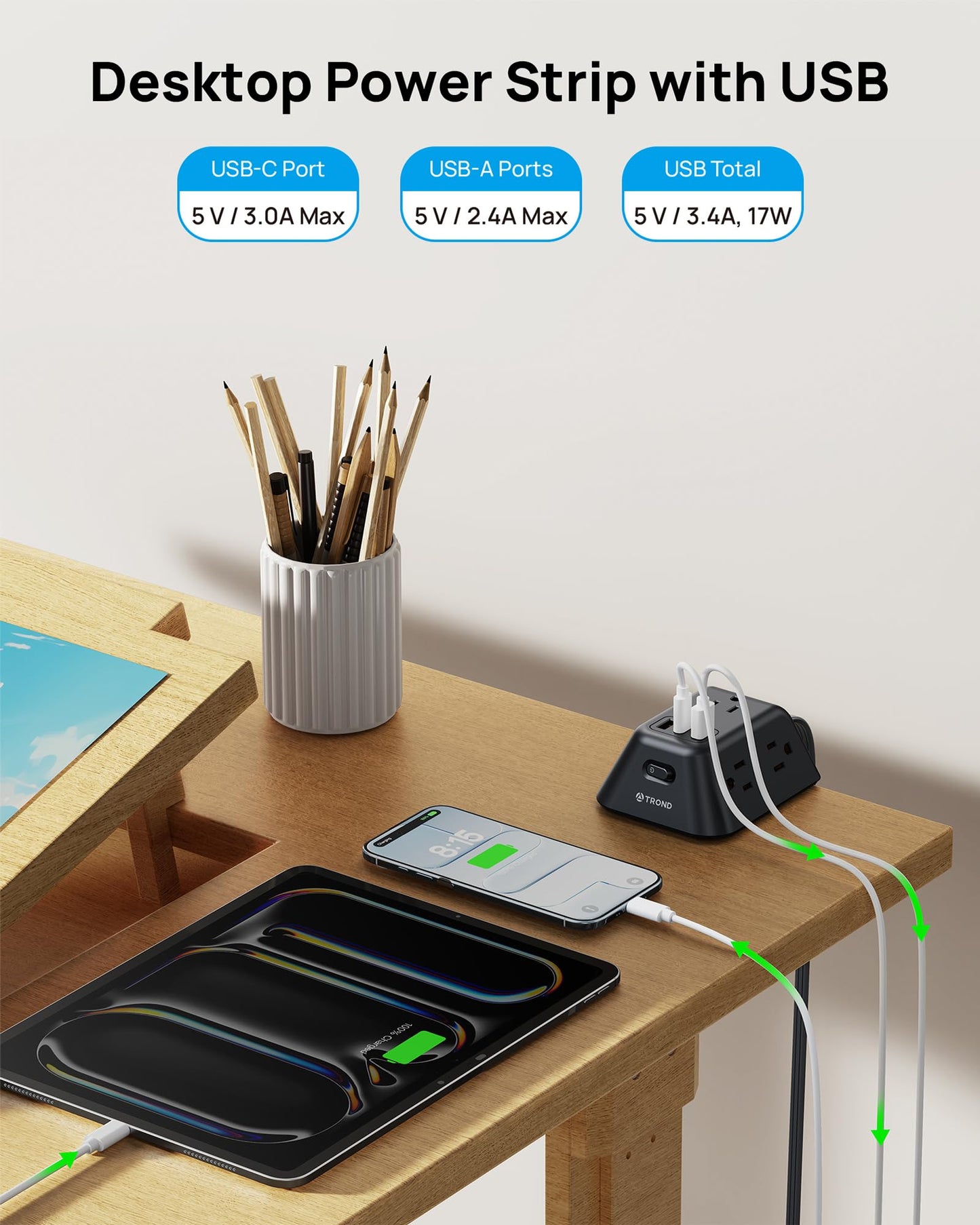 Desk Clamp Power Strip, Surge Protector with 5 AC Outlets and 3 USB Ports, Desk Mount Charging Station, Fit 1.97in Tabletop Edge Thick, 6FT Extension