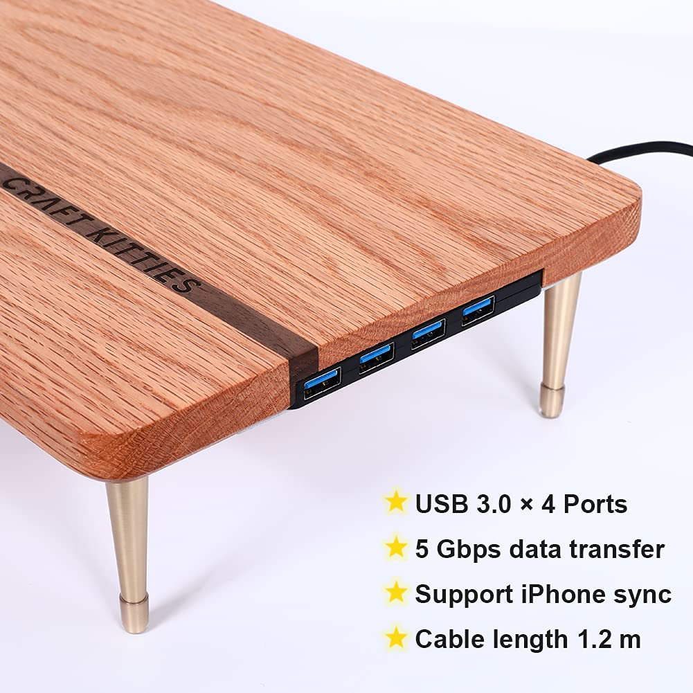 CRAFT KITTIES Wood Riser Monitor Stand with USB Ports Computer Stand w/Slot for Tablet & Cellphone Computer Riser w/Big Storage, Dual Monitor Riser