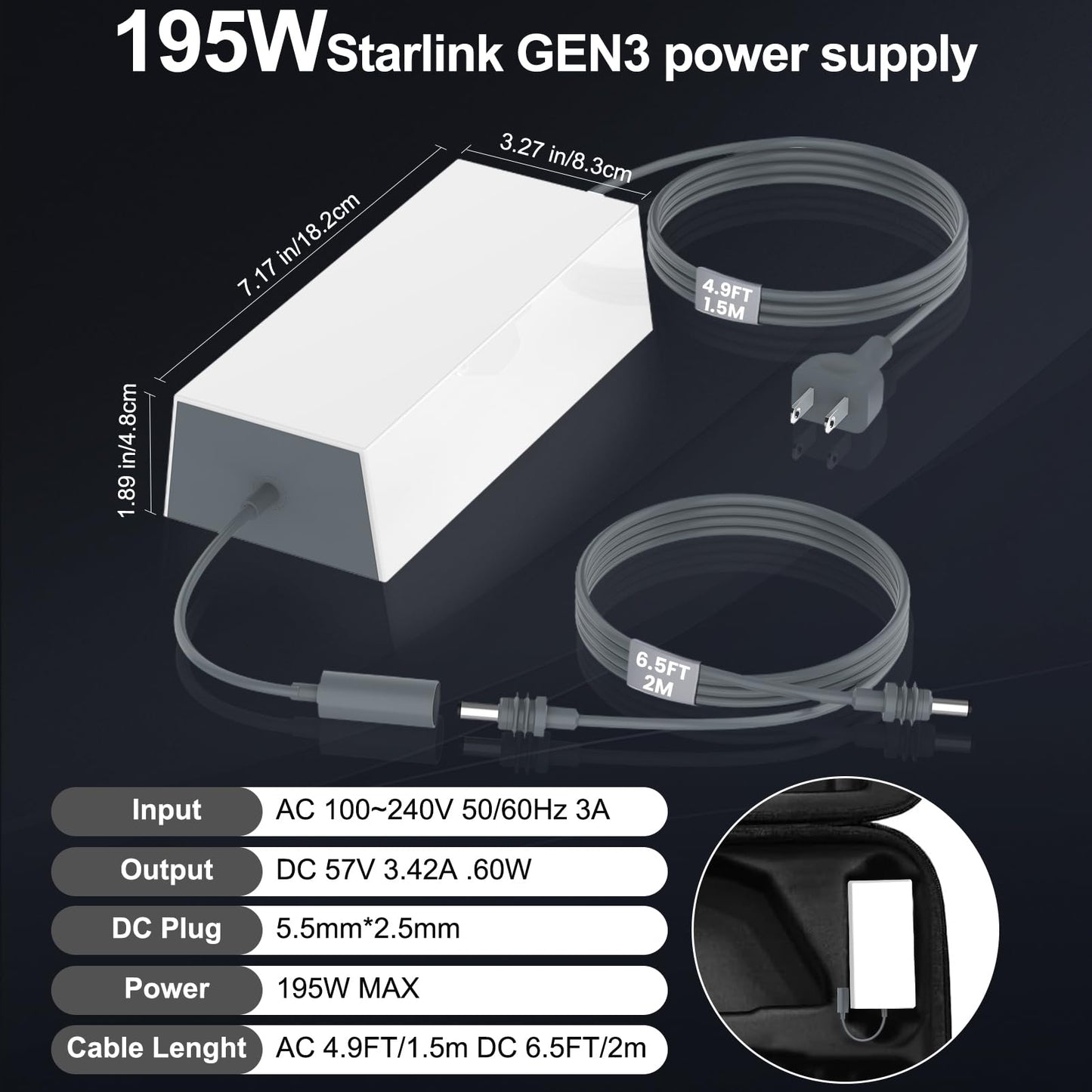 Starlink Gen 3 Power Supply, 195W Replacement AC Adapter 57V 3.45A Power Supply, with6.5FT Detachable DC Cable for Starlink Gen 3 Standard Kit