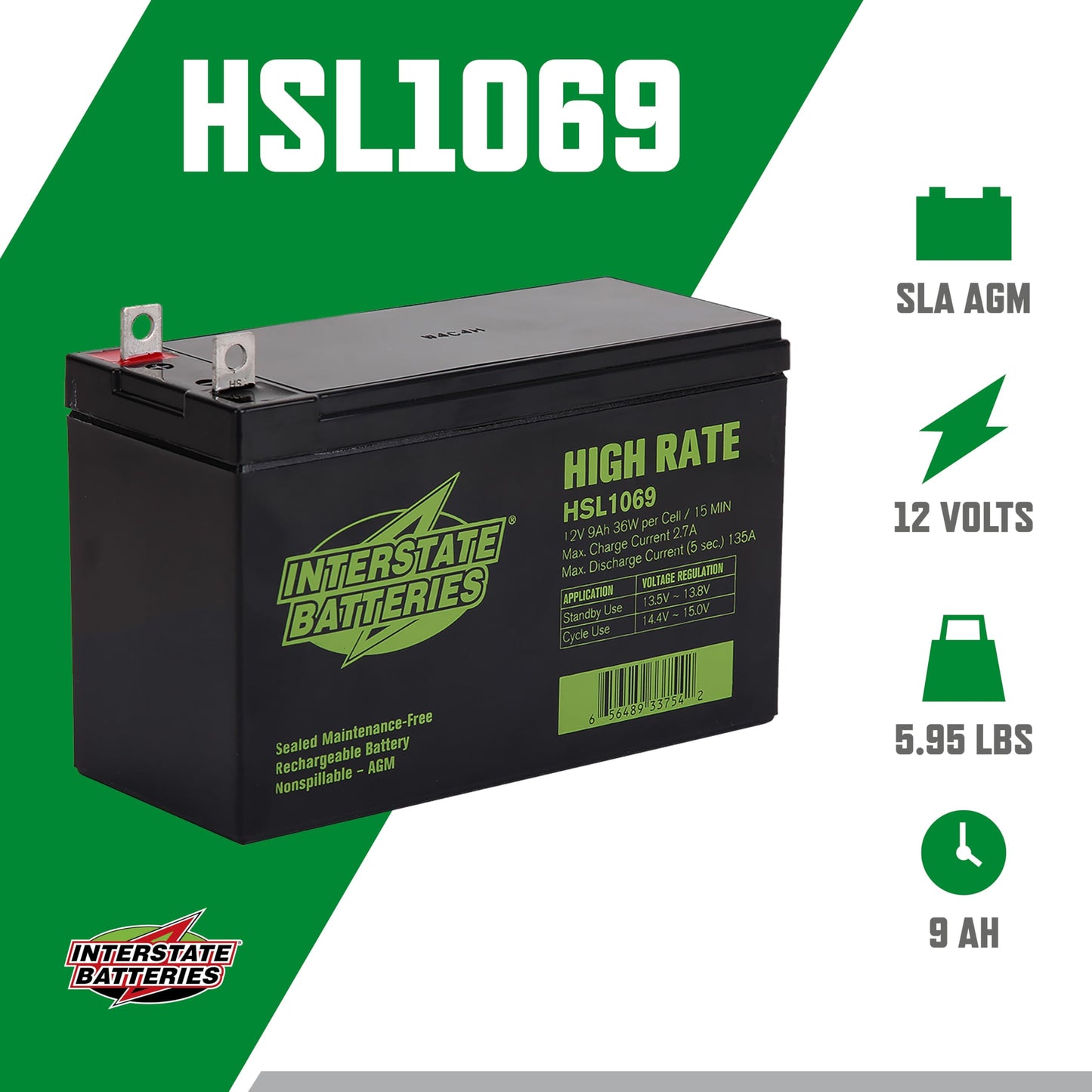 Interstate Batteries 12V 9Ah High Rate Battery (Nut & Bolt Terminal) SLA AGM VRLA Rechargeable Replacement for Generac Generators, 0G9449, UPS Backup…