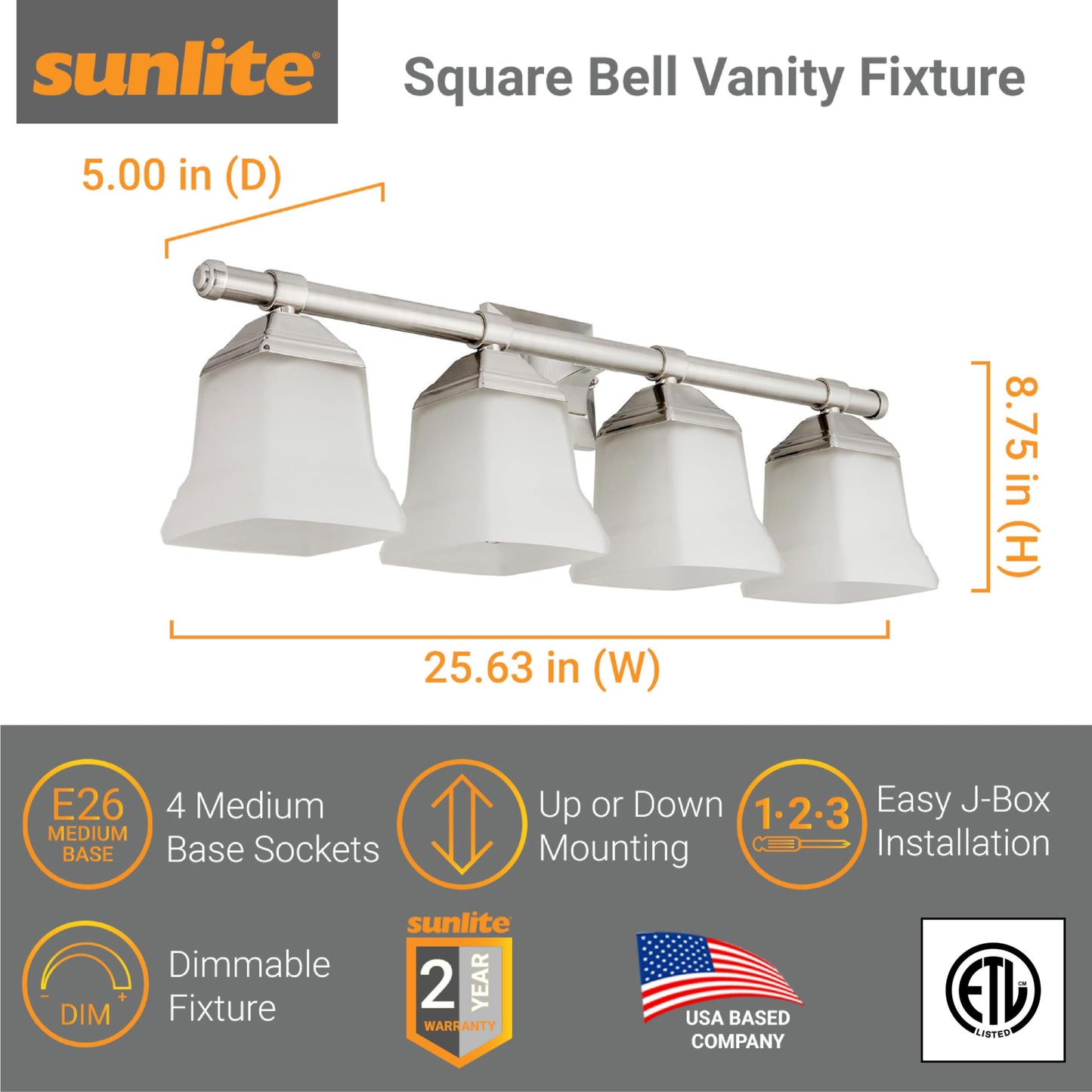 Sunlite 46064 25" Modern Square Bell Vanity Wall Mount Light Fixture, Medium Base (E26) Socket, Standard A19 Bulb Required (100W Max), Frosted Glass