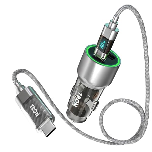 TRON 43W Dual Port Car Charger, USB-C PD 25W + USB-A 18W Fast Charging, Transparent LED Body, 12V/24V Car Adapter, Black/Blue/Gray, Optional 5ft USB-C
