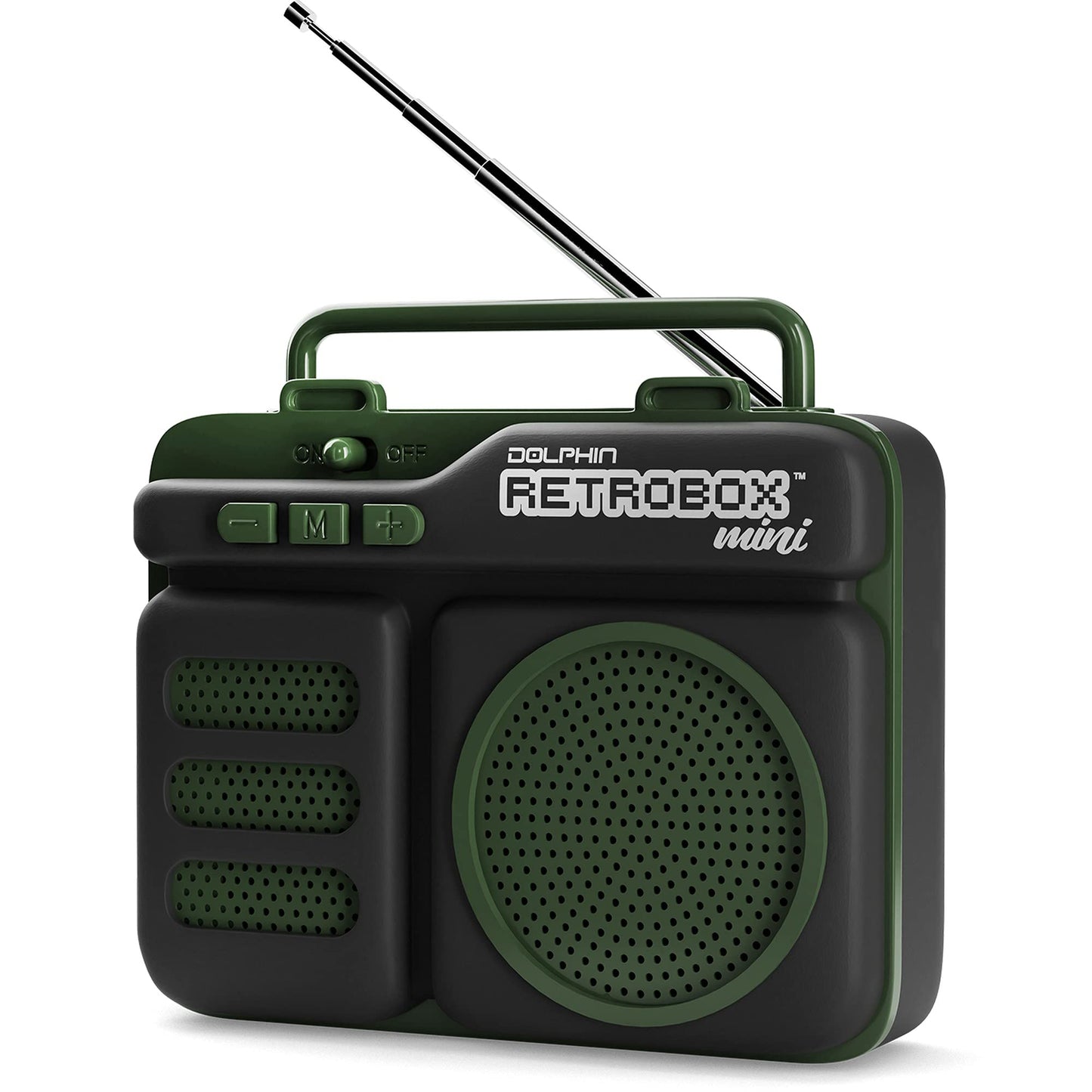 Retrobox Mini by Dolphin, Portable Bluetooth Speaker for Worksite with MP3, FM Radio, AUX | Durable & Long Lasting Battery (Military Green)