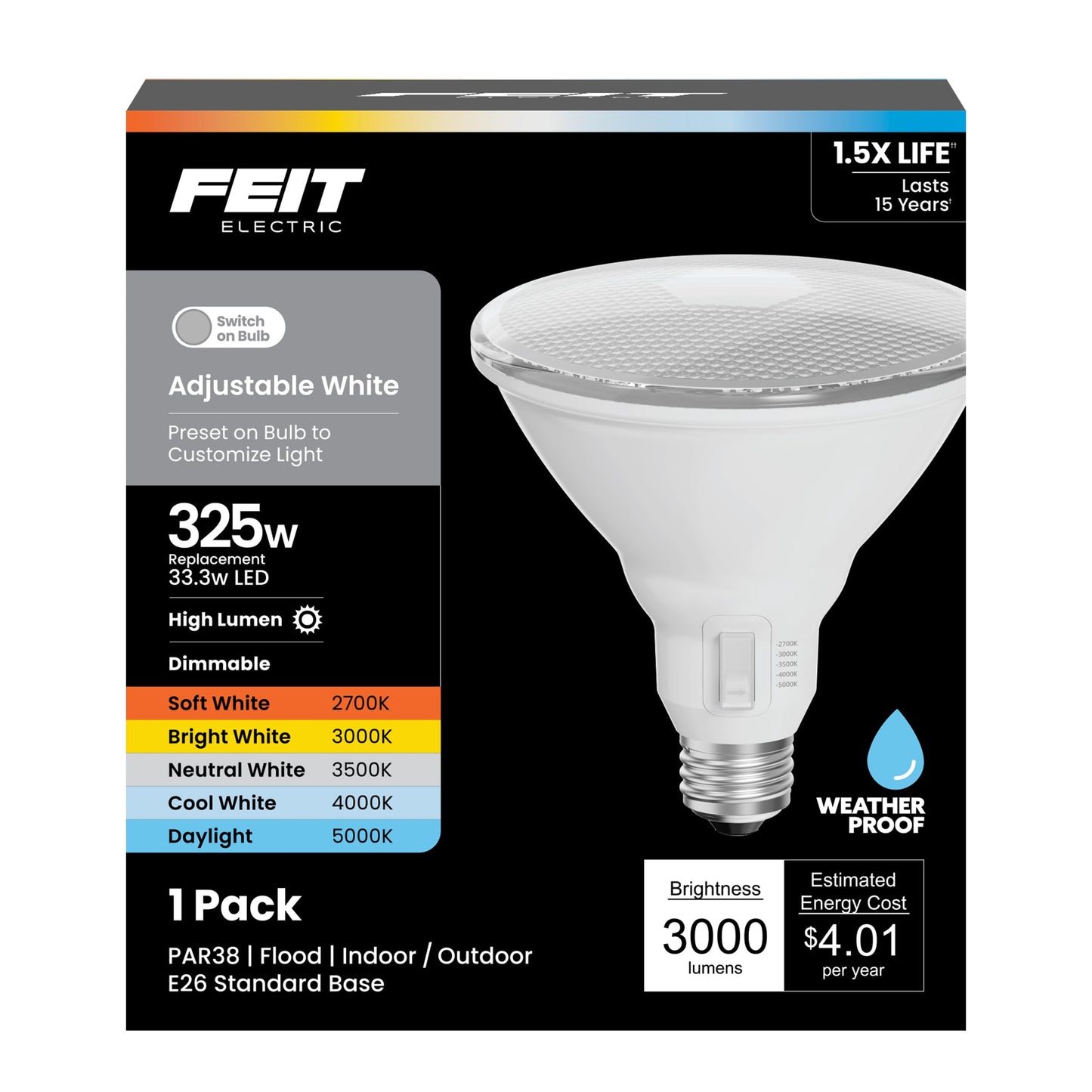 Feit Electric PAR38 LED Flood Light Bulb, 325W Eq, 5CCT, E26 Base