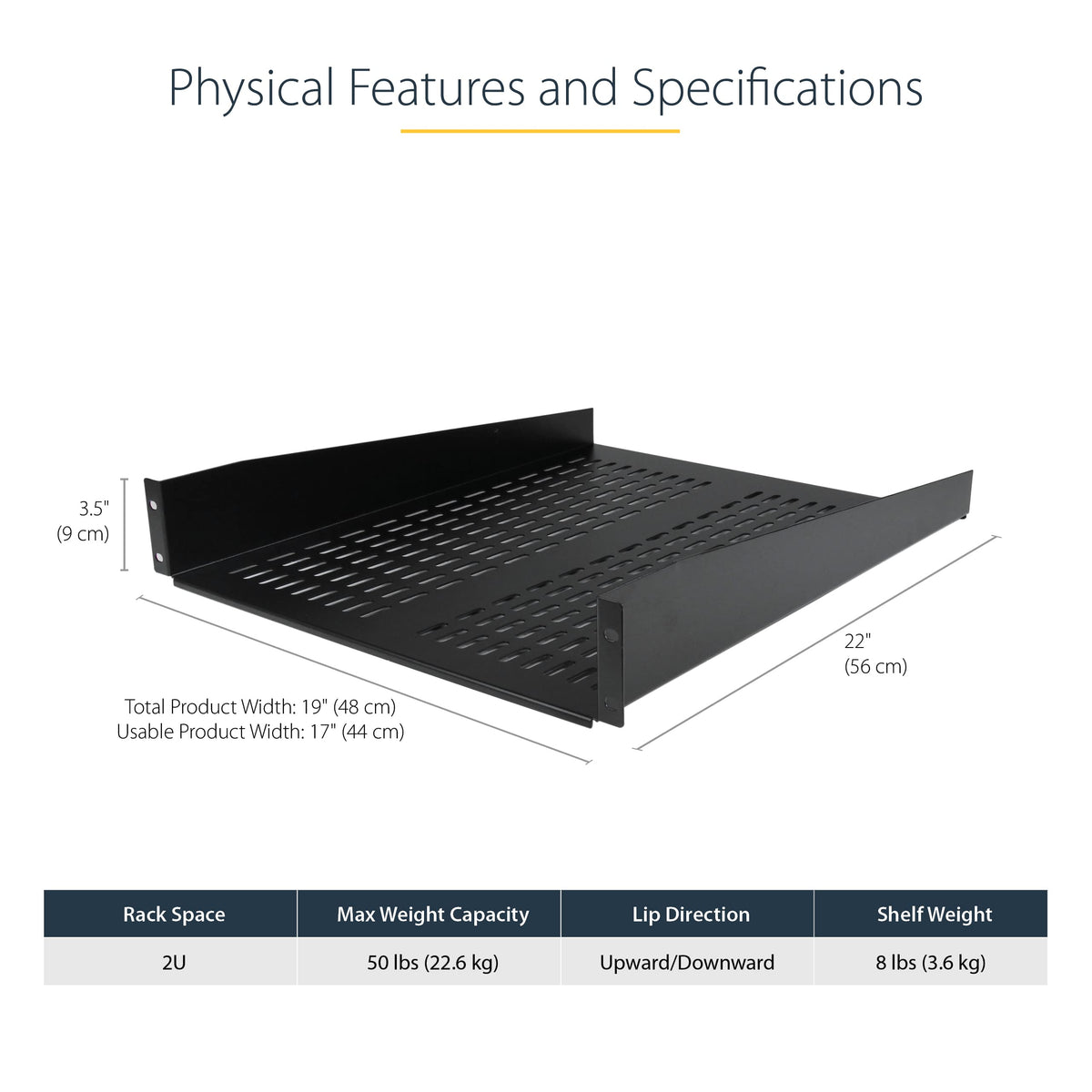 StarTech.com 2U Server Rack Shelf - Universal Vented Rack Mount Cantilever Tray for 19" Network Equipment Rack & Cabinet - Heavy Duty Steel - Weight