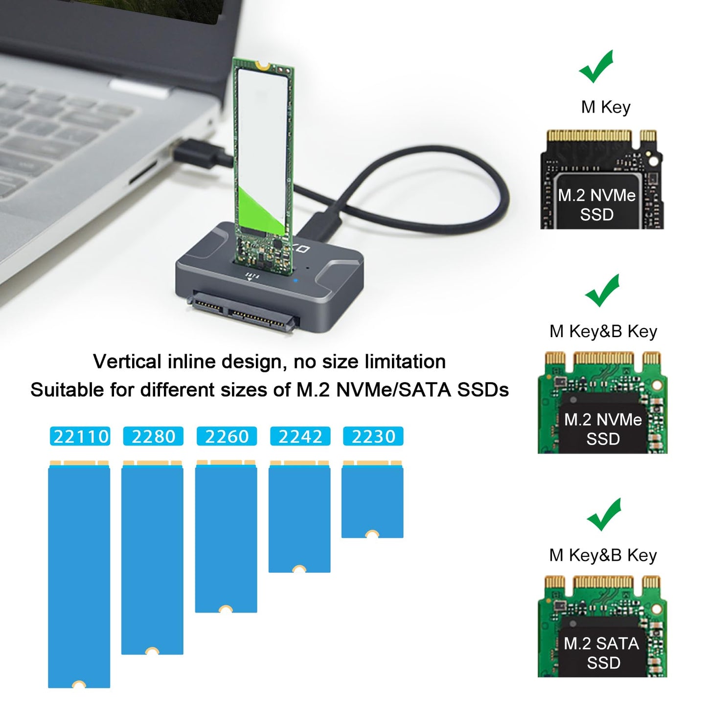 AOKO NVMe to USB 3.2(10Gbps) SSD Reader Docking Station - Portable M.2 SSD to USB Adapter External NVMe SSD Enclosure for M.2 PCIe NVMe and M.2 SATA