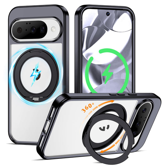 AmoraAqua Compatible with Clear Google Pixel 9 Case & Pixel 9 Pro Case 6.3'' with 360° Magnetic Ring Stand [Plating Phone Cases],Black