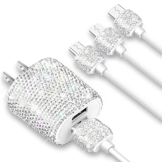 Bling USB Wall Charger with Charging Cable,Fast Block for iPhone Android,3 in 1 Multi Cable Micro USB Type C Multiple USB Cord with Crystal