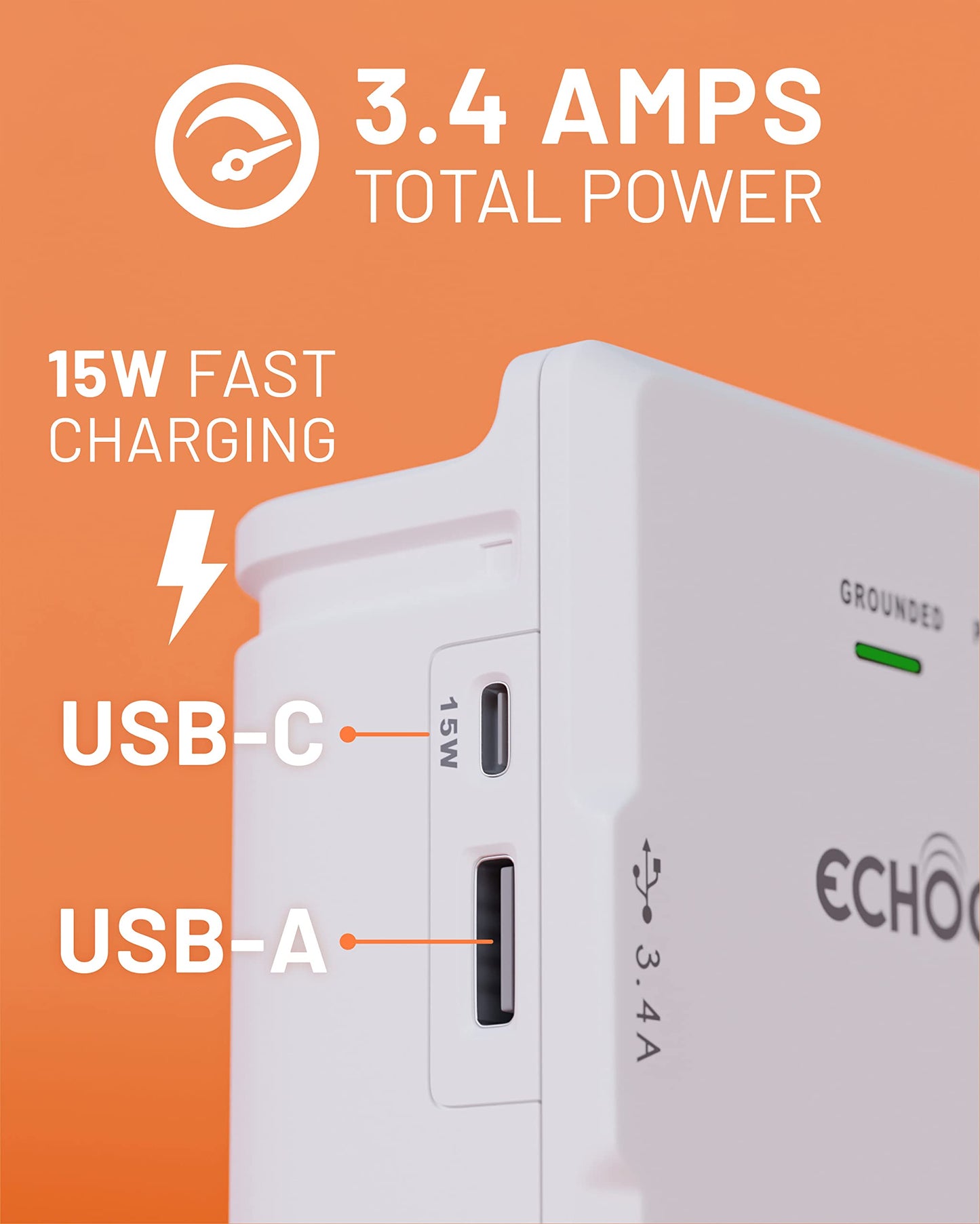 ECHOGEAR Wall Outlet with USB Ports & Surge Protection - Power Protect 8 Devices 6 Rotating AC Plugs 2 Includes 1x USB-C Port USB-A White