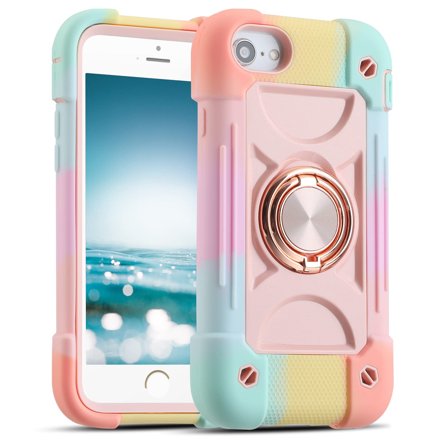 MARKILL Compatible with iPhone Case with Ring Stand, Heavy-Duty Military Grade Shockproof Phone Cover (Rainbow Pink, iPhone SE 3rd/2nd/iPhone