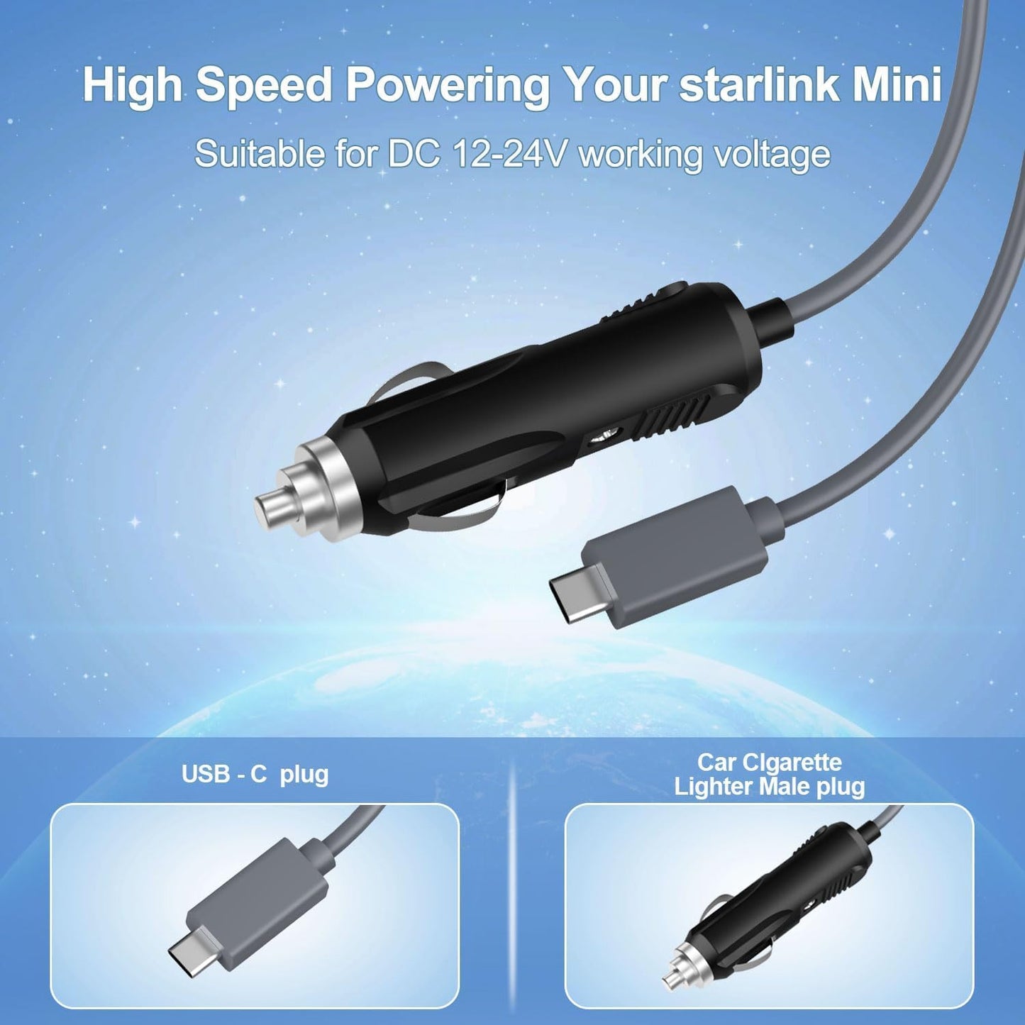 HVMKSR 2 in 1 Starlink Mini Power Cable 5m/16.4ft, USB C and Car Charger to DC Replacement Power Cord, Waterproof Power Extension Accessory