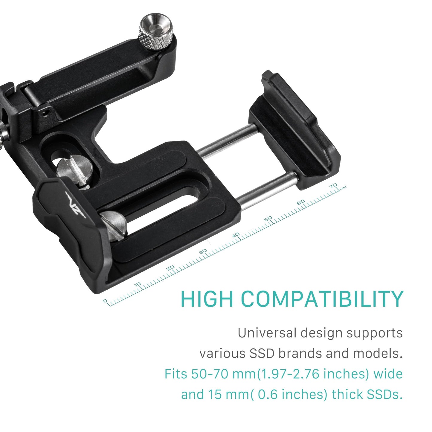 Tilta Universal SSD Drive Holder V2 - Black | Compatible with Most Camera Cages via 1/4"-20 Threads | Extendable Cable Clamp | Rubber Protection |