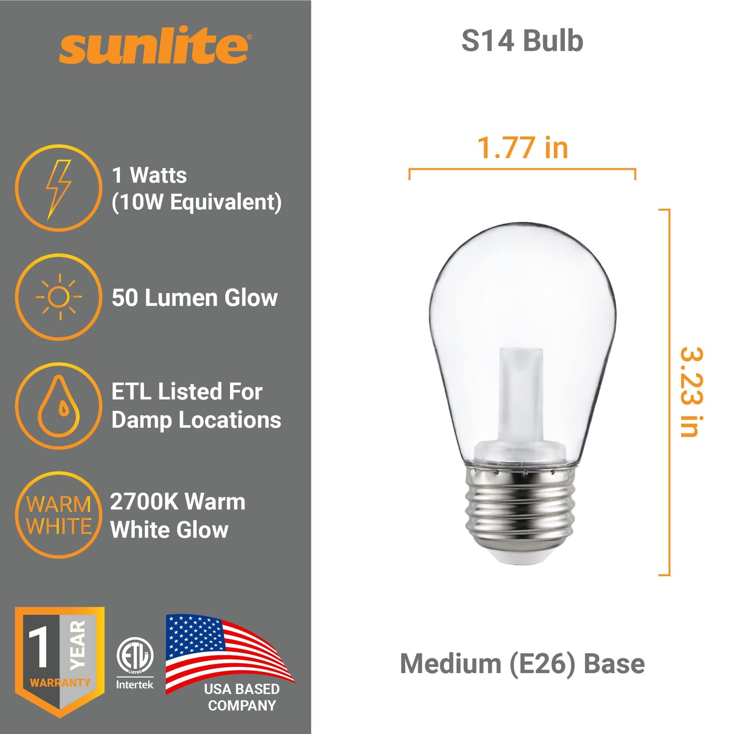 Sunlite LED S14 String Light Bulb, 1 Watt (10W Equivalent), 50 Lumens, Medium Base (E26), Non-Dimmable, ETL Listed, 2700K Soft White, Clear, 1 Count