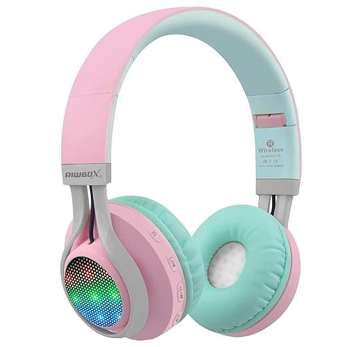 Riwbox WT-7S Bluetooth Headphones Light Up, Foldable Stero Wireless Headset with Microphone and Volume Control for PC/Tablet/TV/Travel (Pink Green)