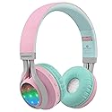Riwbox WT-7S Bluetooth Headphones Light Up, Foldable Stero Wireless Headset with Microphone and Volume Control for PC/Tablet/TV/Travel (Pink Green)