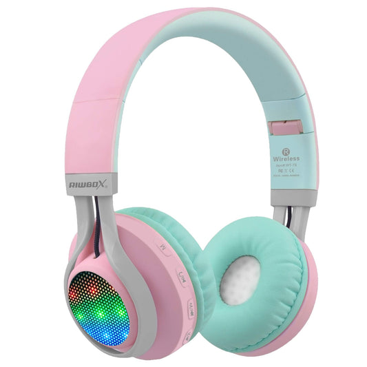 Riwbox WT-7S Bluetooth Headphones Light Up, Foldable Stero Wireless Headset with Microphone and Volume Control for PC/Tablet/TV/Travel (Pink Green)
