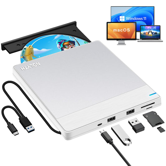 NOLYTH External CD Drive for Mac: USB 3.0 Type-C DVD Burner Player for Laptop Windows PC MacBook Desktop with SD/TF/2 USB Ports Plug &