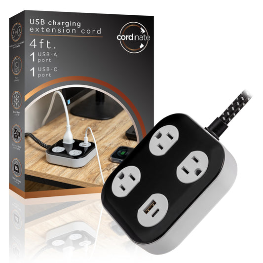 Cordinate Adapt 3 Outlet Surge Protector, 4 Ft Power Strip Extension Cord, USB Port, USB-C Port, for Home, School or Office, 245 Joules, ETL Listed