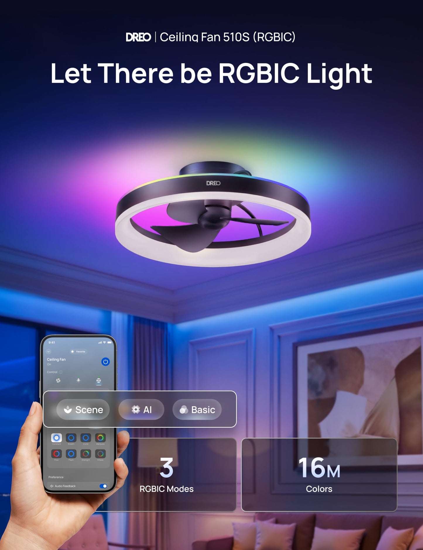 DREO Smart RGBIC Ceiling Fans with Lights, Low profile Ceiling Fan with Alexa/App, 20'' Dimmable Lighting & Color Tuning, 22dB Quiet for Bedroom, Game