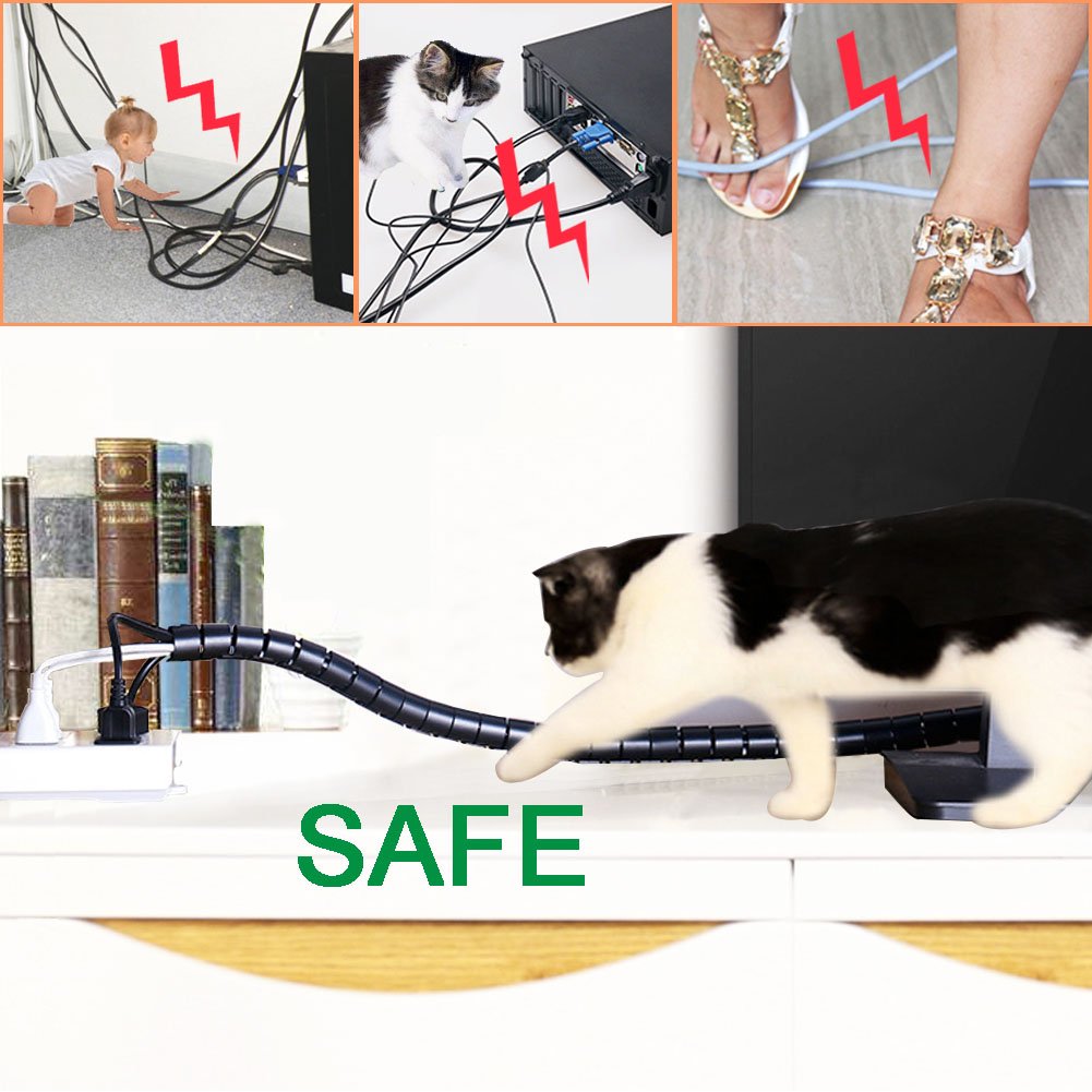 Black Computer Cable Management Wire Cover Electrical Cord Hider Solutions 2 PCS, VIWIEU Tangle Sprial Cable Tube with 4 Adhesive Cable Clips for TV