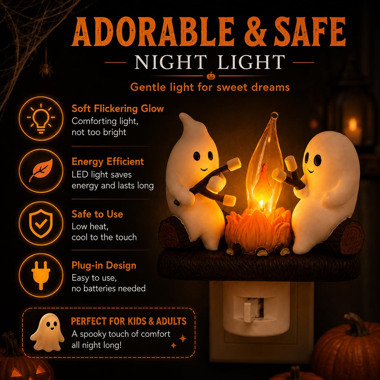 MXXT Ghost Campfire Night Light, Plug-in Wall Flickering Flame Nightlight, Halloween 3D Cute Spooky Marshmallow Ghost Decoration for Bedroom, Spooky