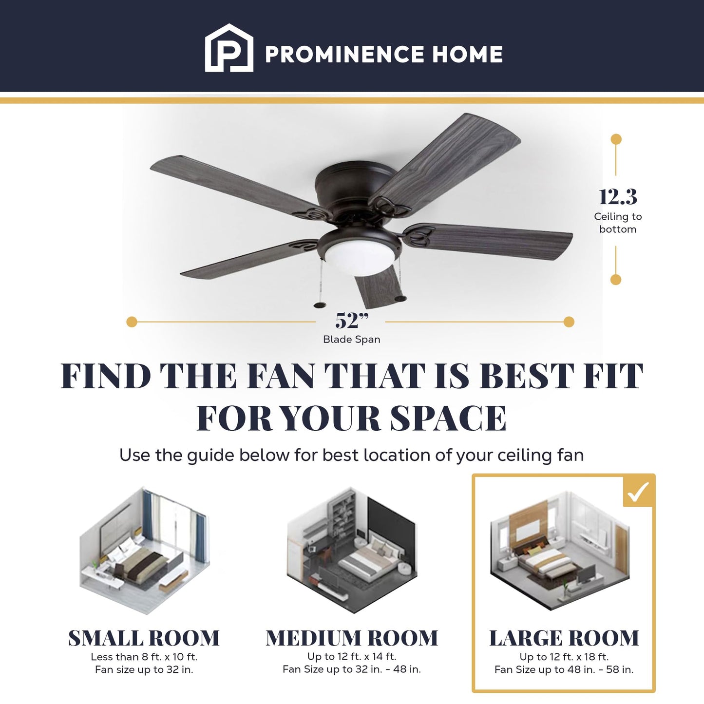 Prominence Home Benton Traditional 52 Inch Ceiling Fan with Light, LED Flush Mount Ceiling Fan, Indoor Fan with 5 Blades, Matte Black and Gray Cedar