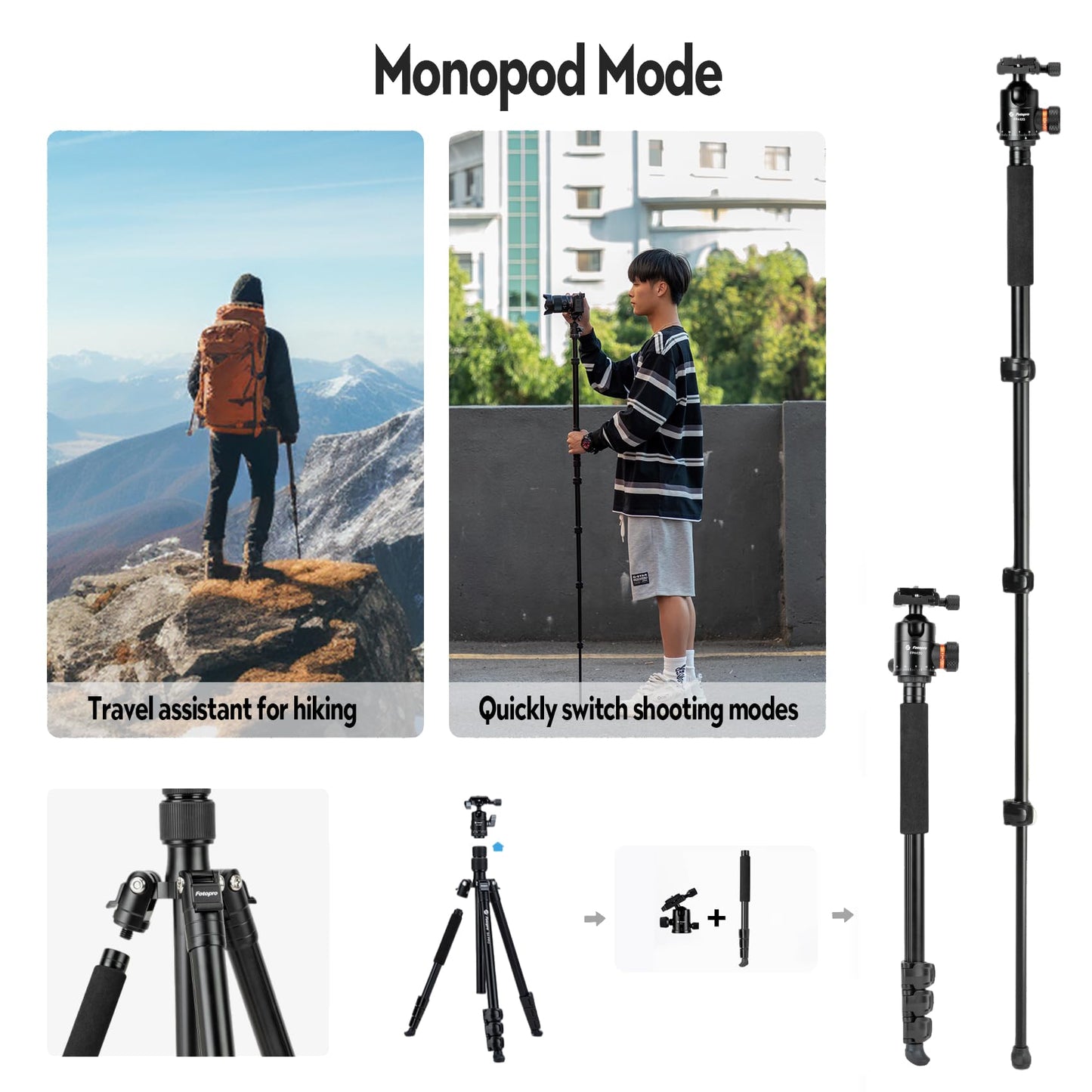 Fotopro 78" Camera Tripod, Aluminum Compact Travel Tripod and Monopod with 360° Ball Head Quick Release Plate, Professional Camera Tripod for DSLR