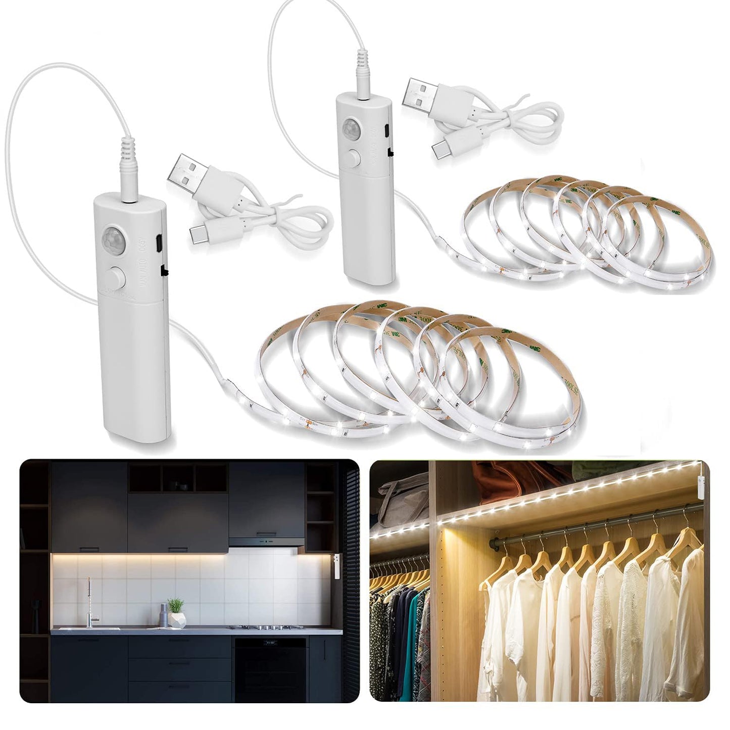 2 Pack Rechargeable LED Strip Lights with Motion Sensor - LUXJET 2M Cool White LED Closet Light Motion Activated, Under Cabinet Strip Light