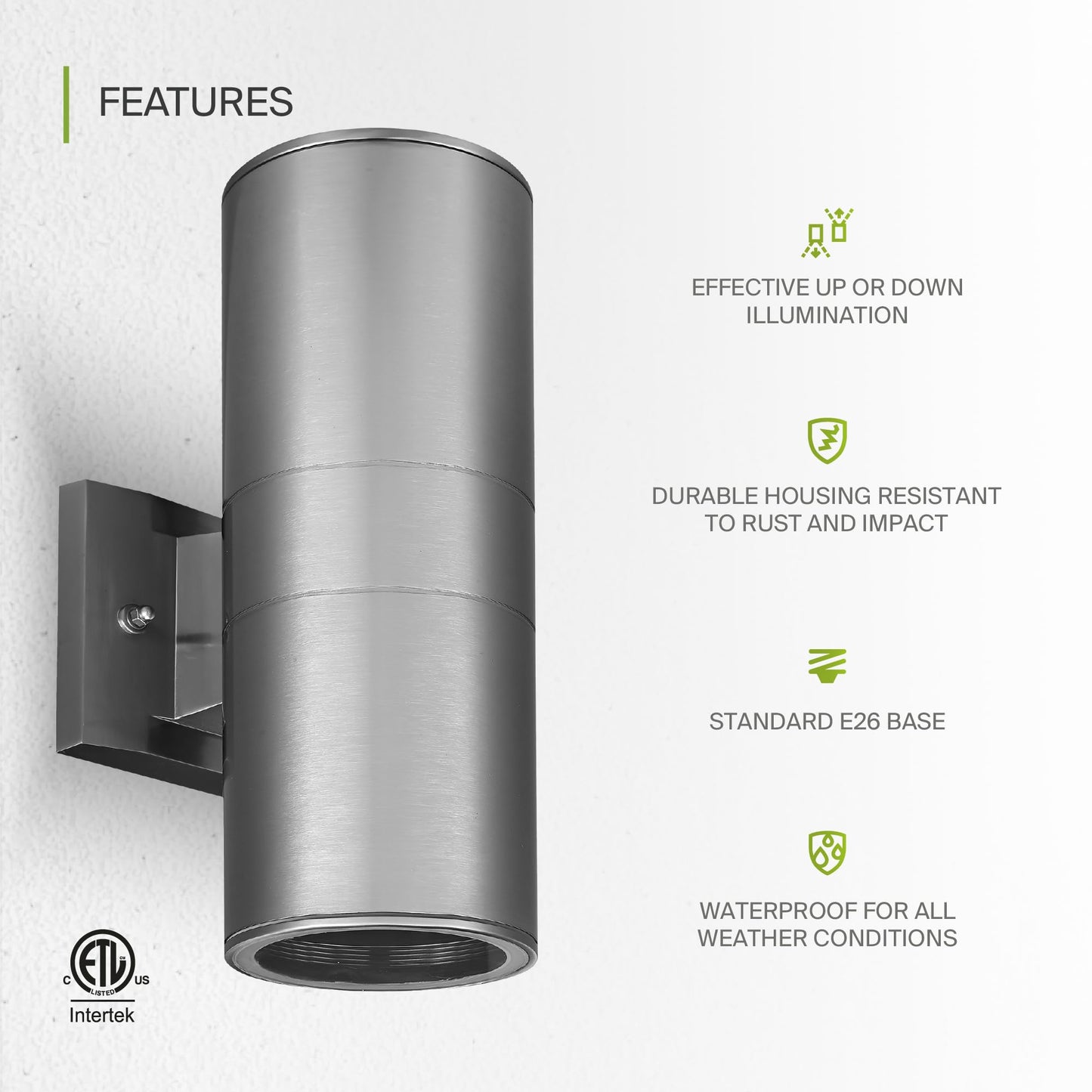 ASD 2 Light Exterior Lighting Fixtures - 120W E26 Cylinder Up and Down Modern Steel Outdoor Wall Light, LED CFL Incandescent Bulb Patio Wall Light