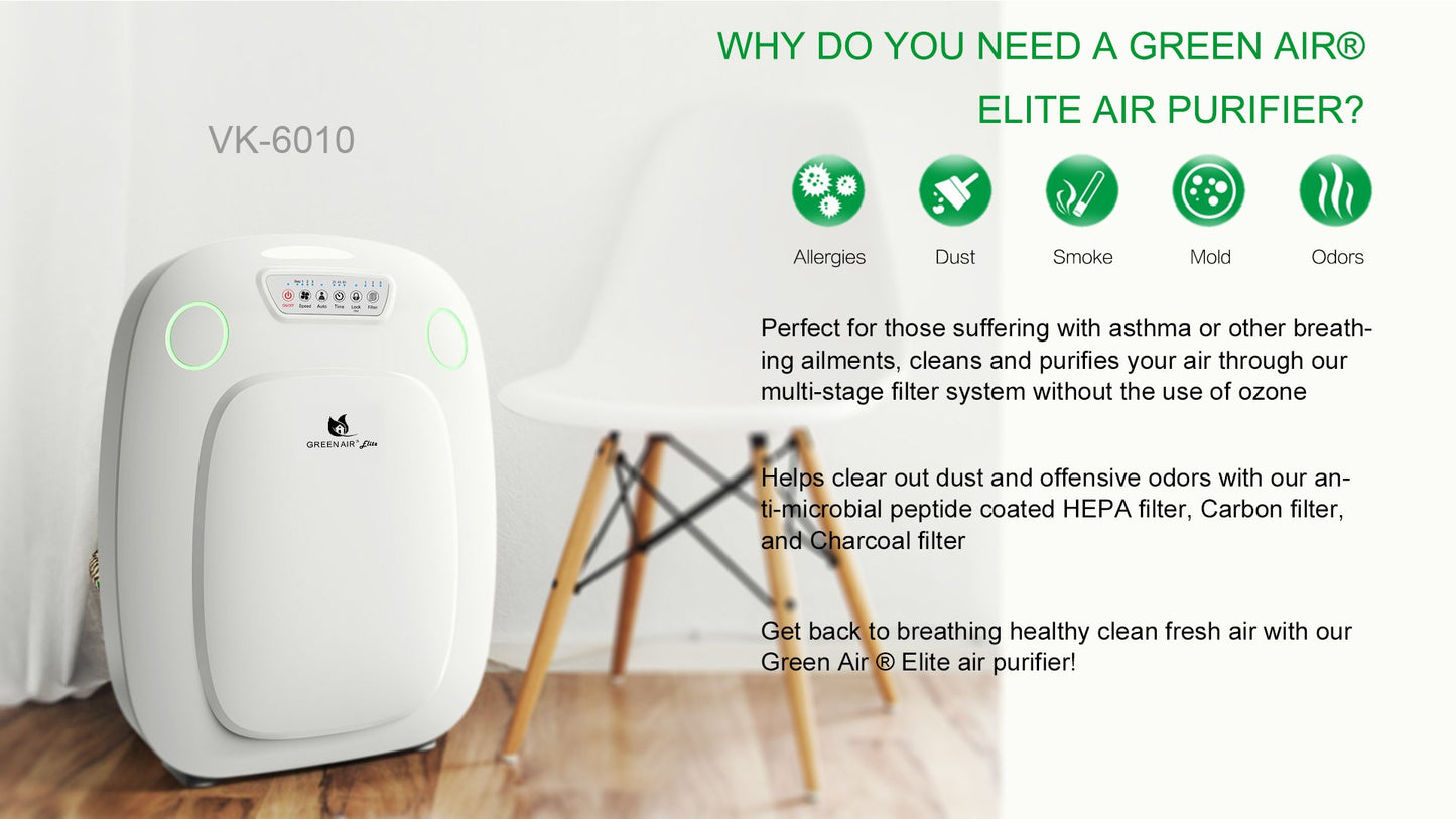 Green Air Elite HEPA and Odor Fighting Filter Air Purifier with IonCluster Technology for Large Rooms, HEPA, Carbon, and Charcoal filter