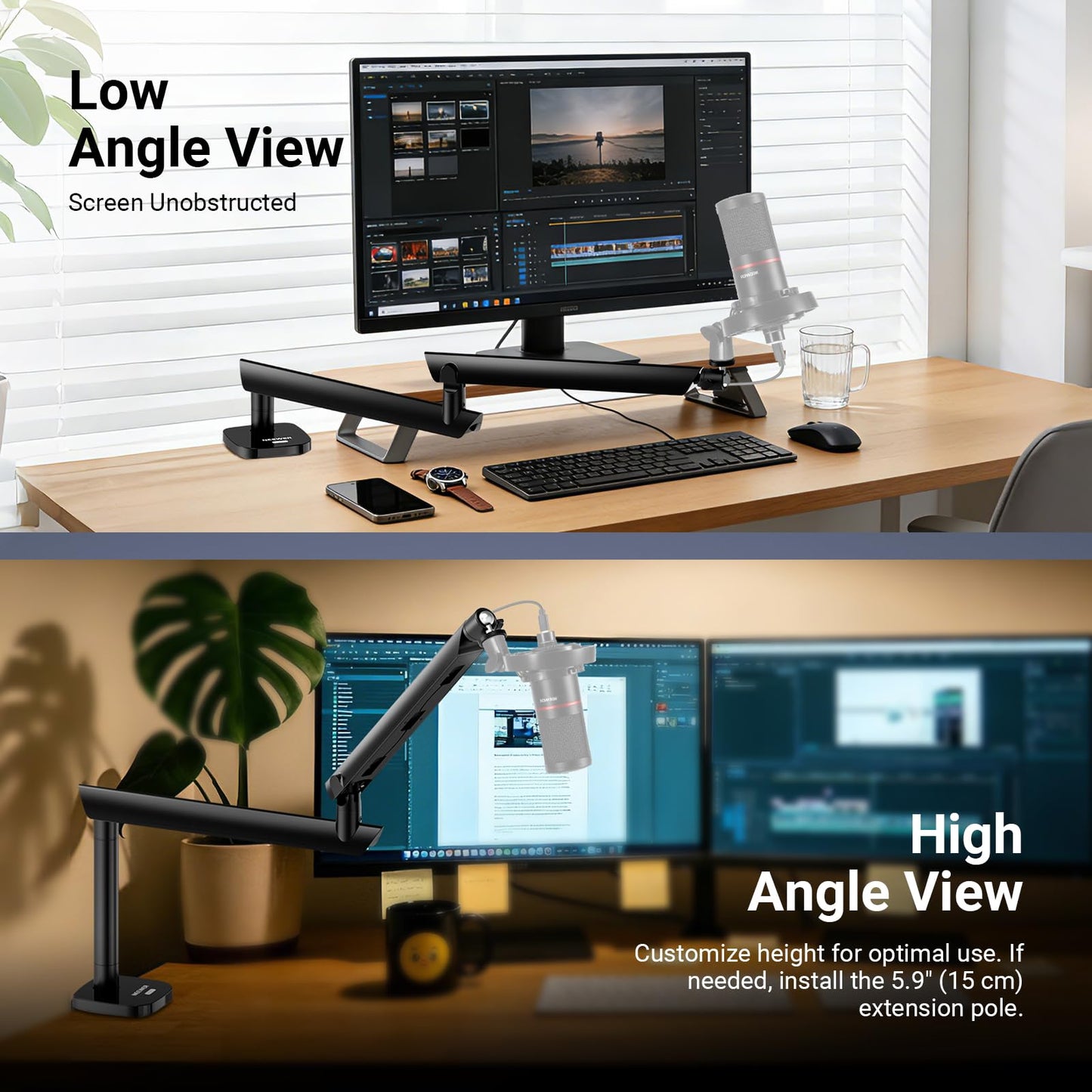 NEEWER Low Profile Mic Boom Arm Desk Mount, Microphone Boom Arm with 360° Ball Head & Cable Management Channels, 1/4" 3/8" 5/8" Threads for Podcast