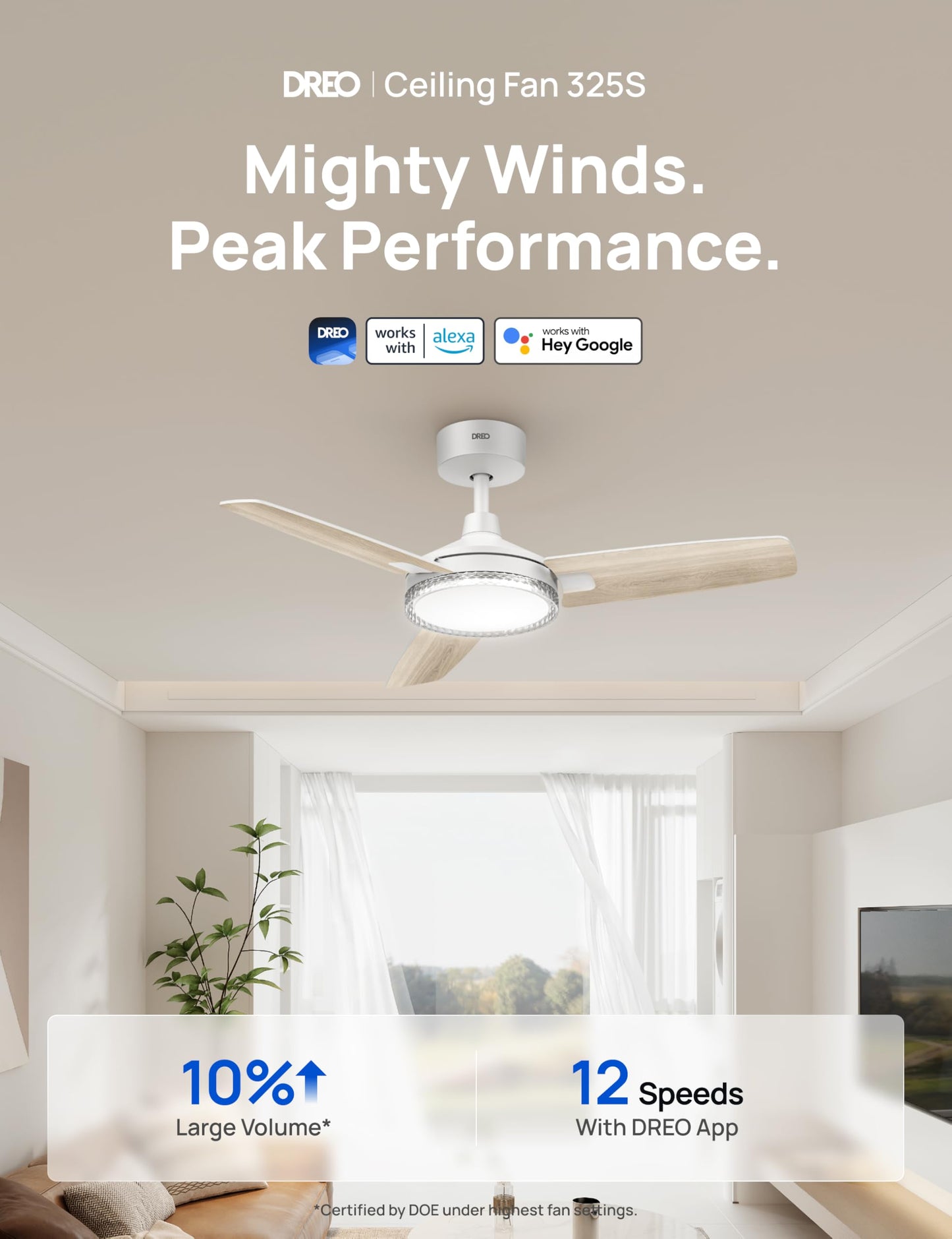 DREO Smart Ceiling Fans with Lights and Remote, 42 Inch Bedroom Ceiling Fan