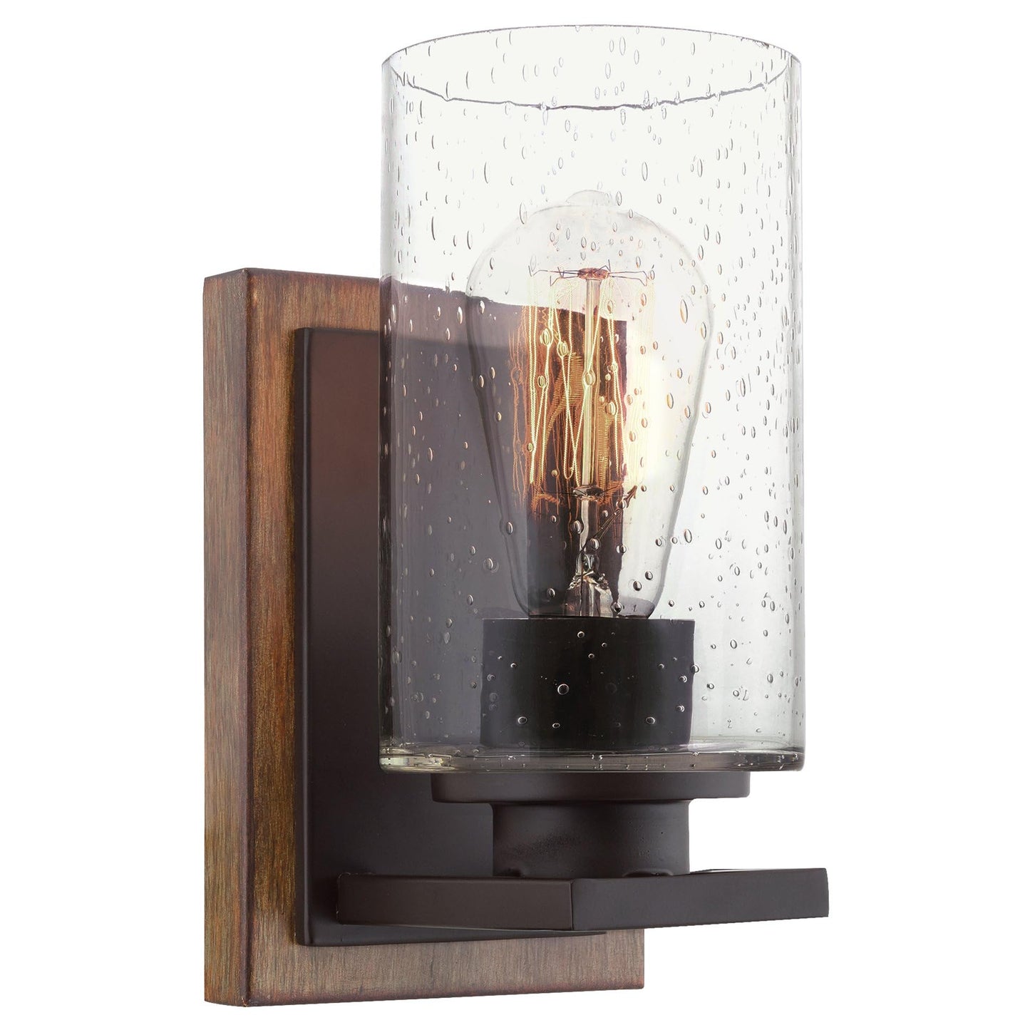 Kira Home Sedona 9" Rustic Farmhouse Wall Sconce with Clear Seeded Glass Shade, Hand-Painted Wood Grain Metal, Walnut Wood and Oil Rubbed Bronze