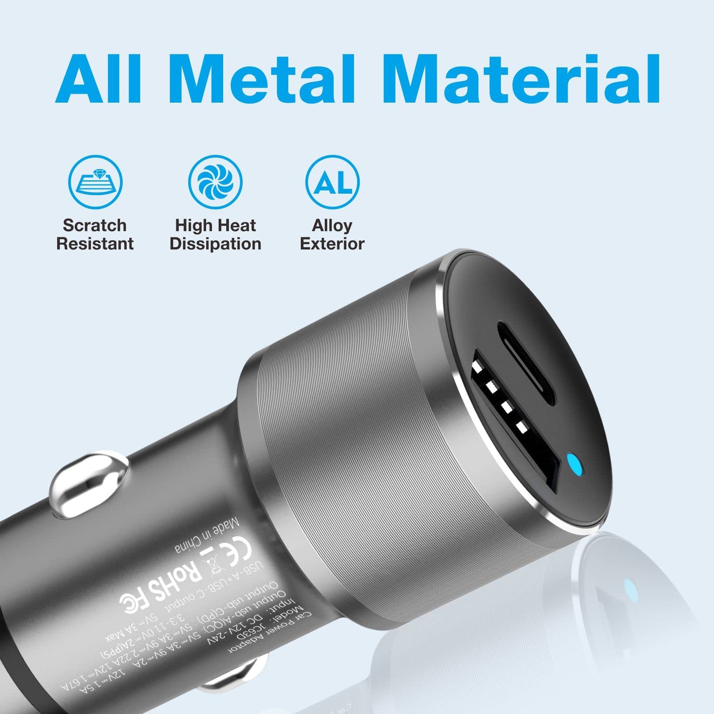 MOCA 38W Fast Car Charger, 2-Port PD/QC 3.0 All Metal Car Power Adapter W/2 PCS 3.3ft PD Lightning Cord Quick Charging for iPhone 17/16/15 Series