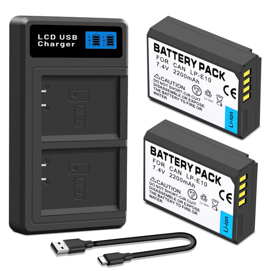 2-Pack LP-E10 Replacement Battery and LED USB Dual Charger Compatible with Canon EOS Rebel T7 T6 T5 T3 T100, EOS 2000D, 3000D, 4000D, 1200D 1100D