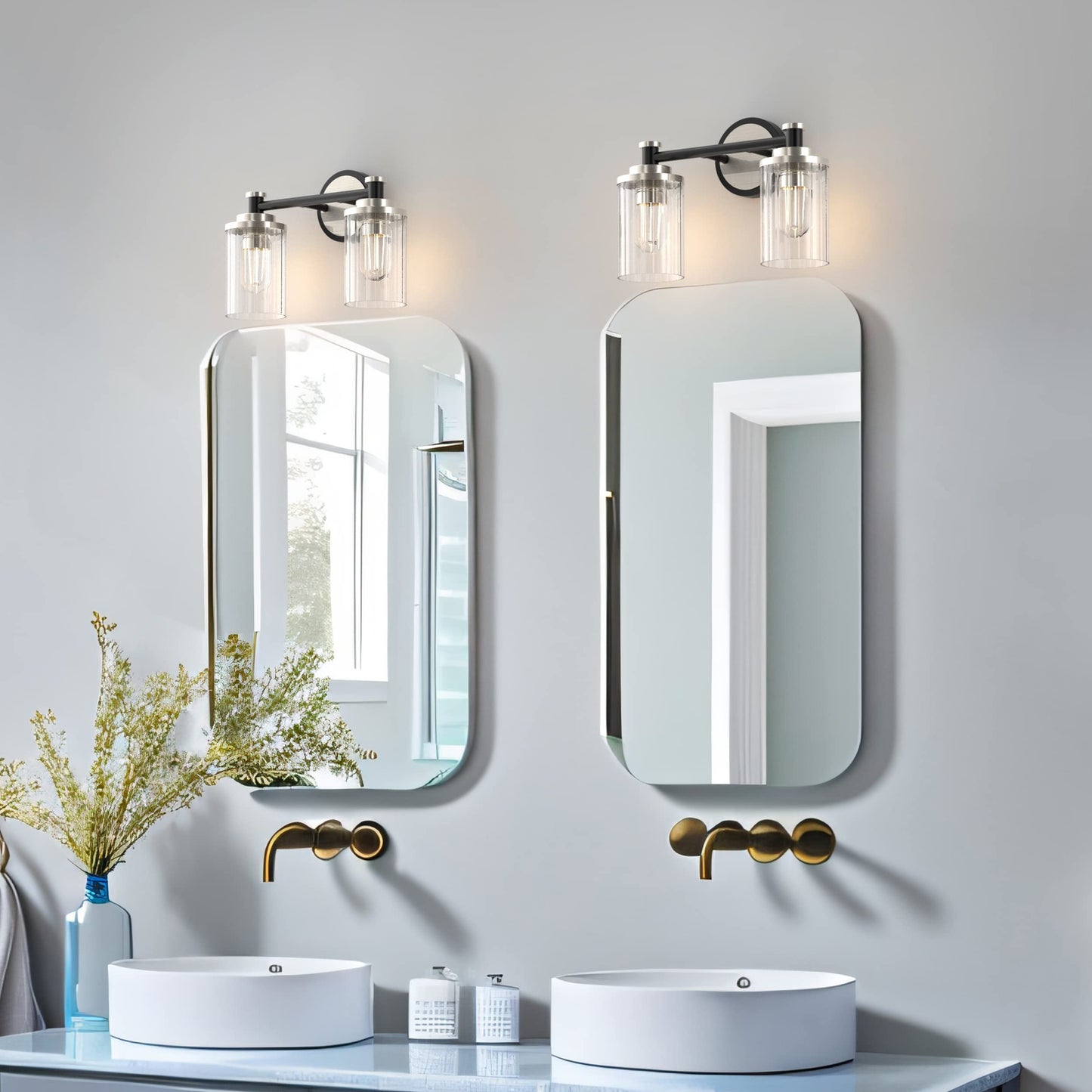PHIXART Bathroom Lighting Fixtures Black and Brushed Nickel Bathroom Vanity Light with Cylindrical Clear Stripes Glass Lampshade E26 Socket Base