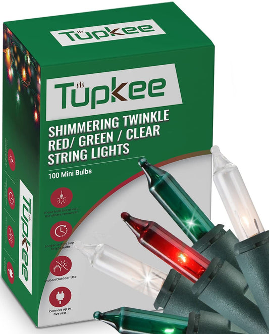Christmas Random Shimmering Twinkle Lights - 12 of 100 Lights Twinkle - Indoor Outdoor - 20.5 Feet Light String, 100 Red, Green, & Clear Bulbs