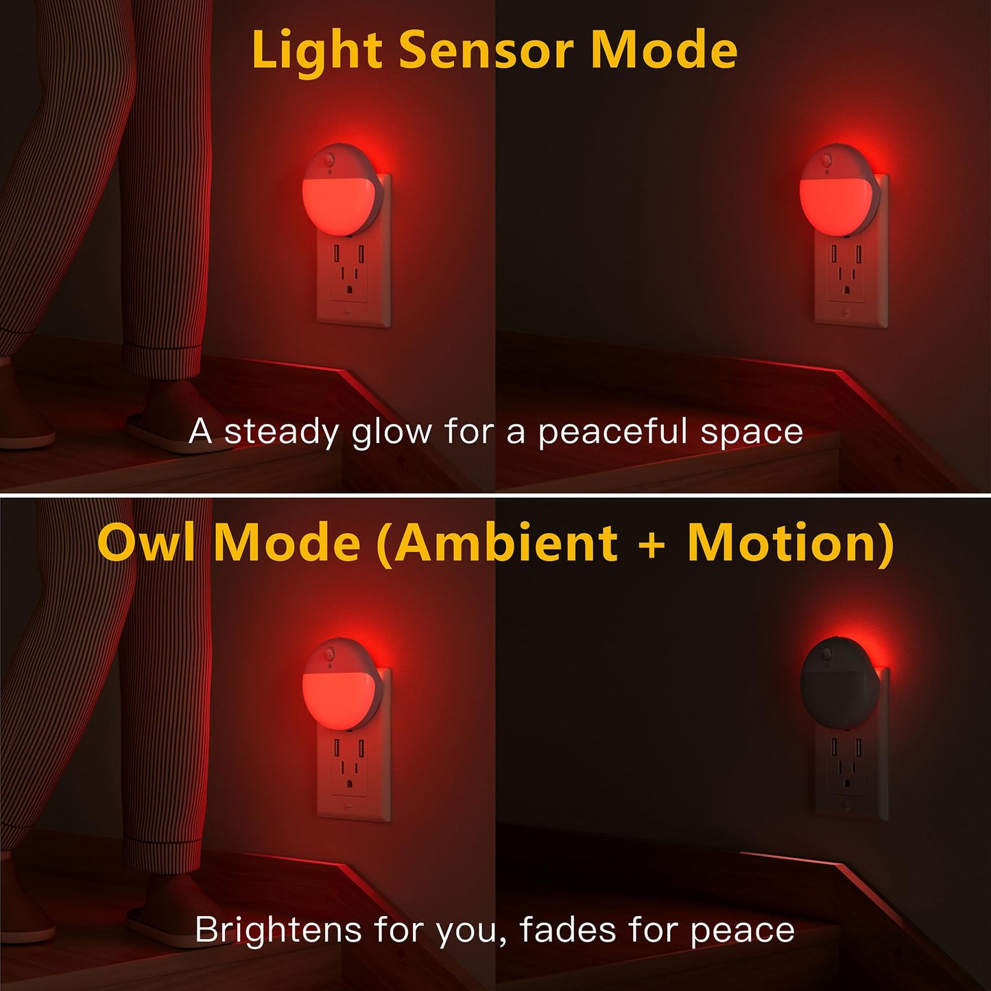 YUNLEX 2 Pack Plug in Red Sleep Night Light with Motion Sensor and Dusk to Dawn Sensor, 3 Modes, Soft Glow, 0% Blue Light True Red, Dimmable, LED