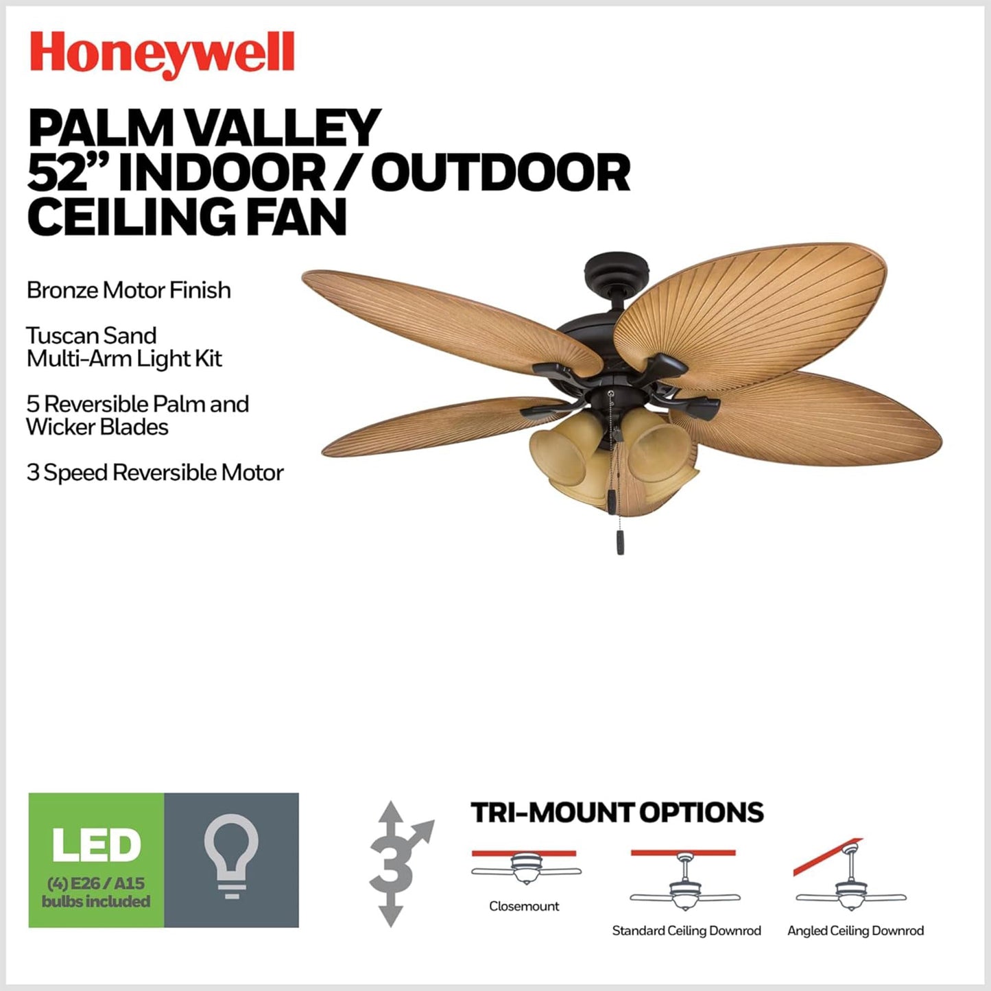 Honeywell Ceiling Fans Palm Valley, 52 Inch Tropical Indoor Outdoor Ceiling Fan with Light, Pull Chain, Three Mounting Options, 5 Palm Leaf Blades