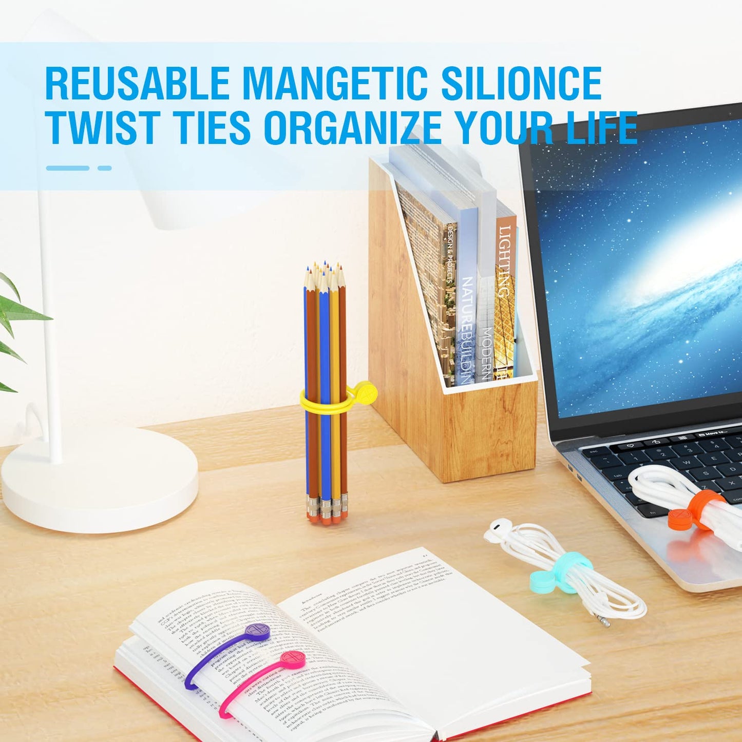 Magnetic Cable Ties Silicone 9 Inch Reusable Magnetic Twist Ties for Cord Cable Organizer and Bundling, Can Be Use in Home Office School Outdoor (10