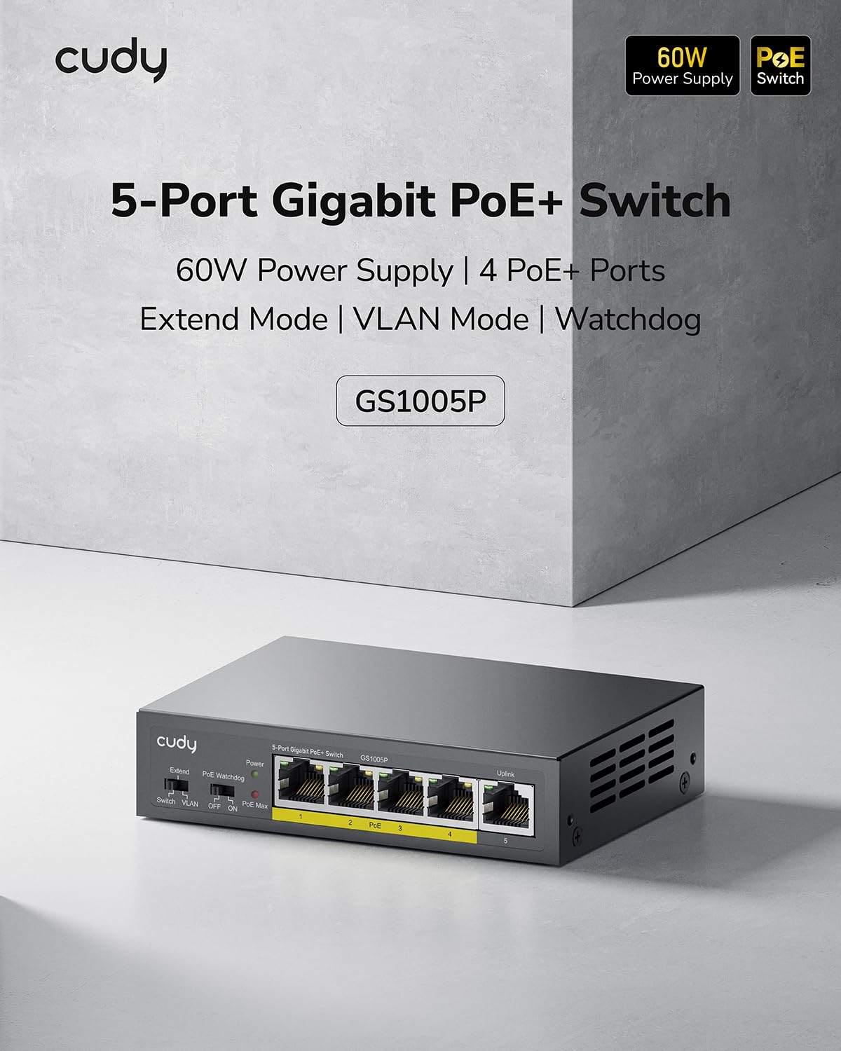 Cudy GS1005P 5 Port Gigabit PoE Switch, 4 PoE+ @60W, Desktop/Wall, Plug and Play, Sturdy Metal w/ Shielded Ports, Fanless, Traffic Optimization