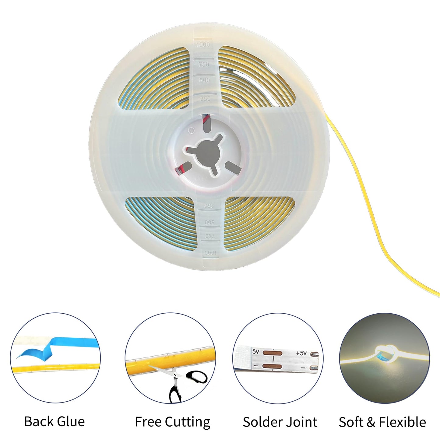 Clearhill 5V 5mm Width USB COB LED Strip Lights,6.56FT/2M,Warm White 3000K,400LEDs/M,8W/M,CRI90,1500lm,Electroplated Double-Sided Panel Light