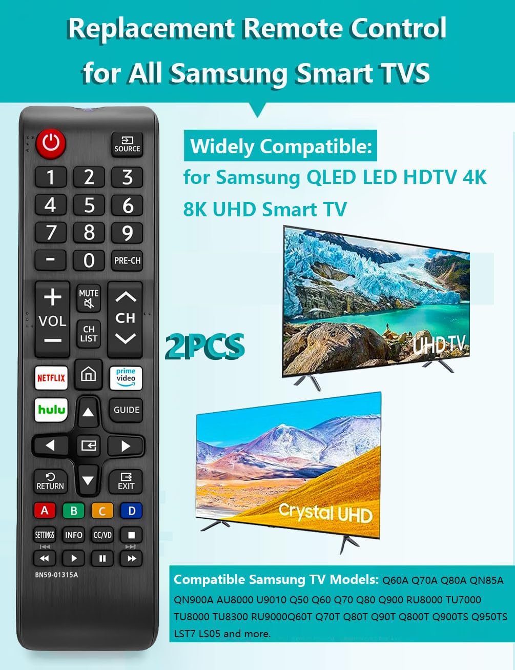 (Pack of 2) Replacement for Samsung-Smart TV Remote Control, for All Samsung-LED LCD QLED 4K 8K UHD 3D HDTV HDR Curved Crystal Smart TV BN59-01199F