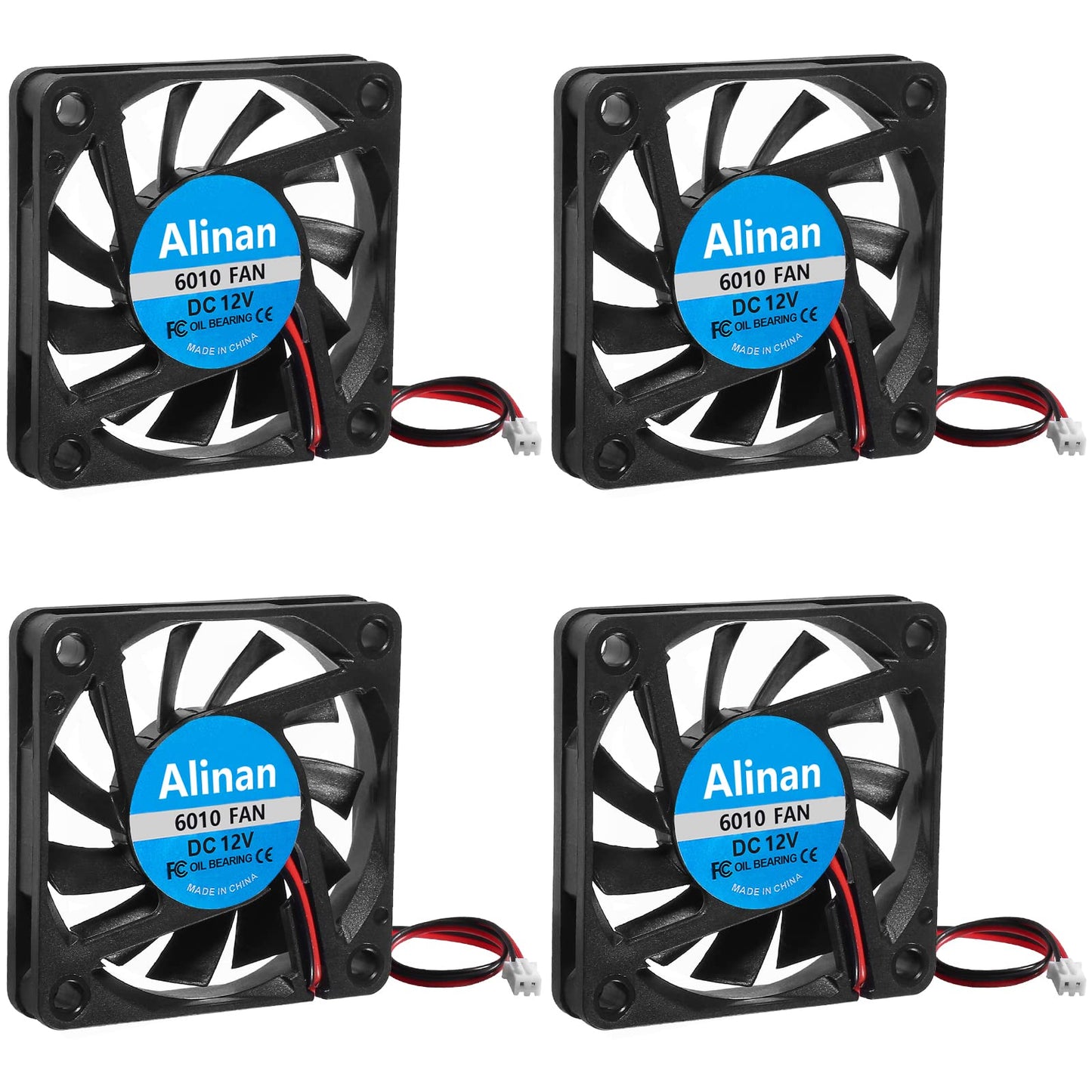 Alinan 4pcs 6010 12V Fan 60x60x10mm 2-pin Sleeve Bearing Brushless DC Cooling Fan for 3D Printer, Computer