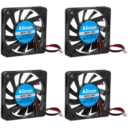 Alinan 4pcs 6010 12V Fan 60x60x10mm 2-pin Sleeve Bearing Brushless DC Cooling Fan for 3D Printer, Computer