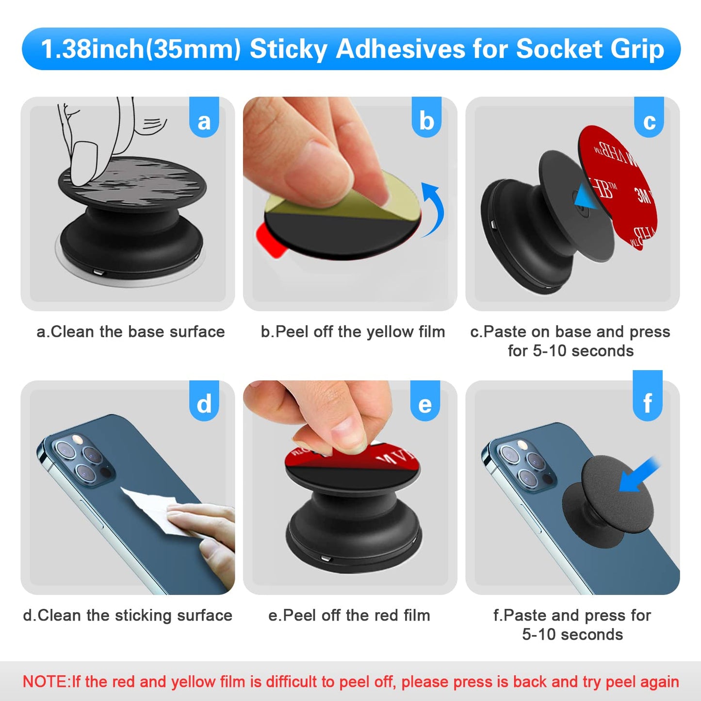 Sticky Adhesive Replacement Parts for Pops Socket Base, 6pcs 1.38 Circle Double Sided Tape for Collapsible Grip Stand's Back, 2pcs Sticker Pads